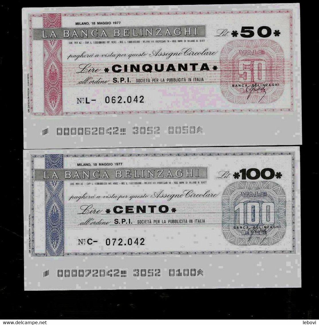 ITALIE –MILANO (1977) La Banca Belinzaghi All’ordine S.P.I. Societa Per La Publicita In Italia – Lot De 2 Billets : --> - [ 4] Voorlopige Uitgaven