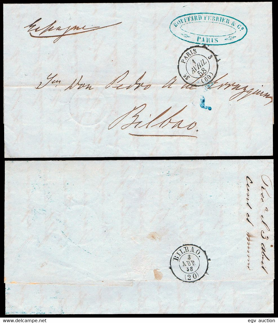 Vizcaya - 1858 - Carta Encaminada Por "Bouffard - Ferrer" De Liverpool + "Paris 1/4/58" A Bilbao - Lettres & Documents