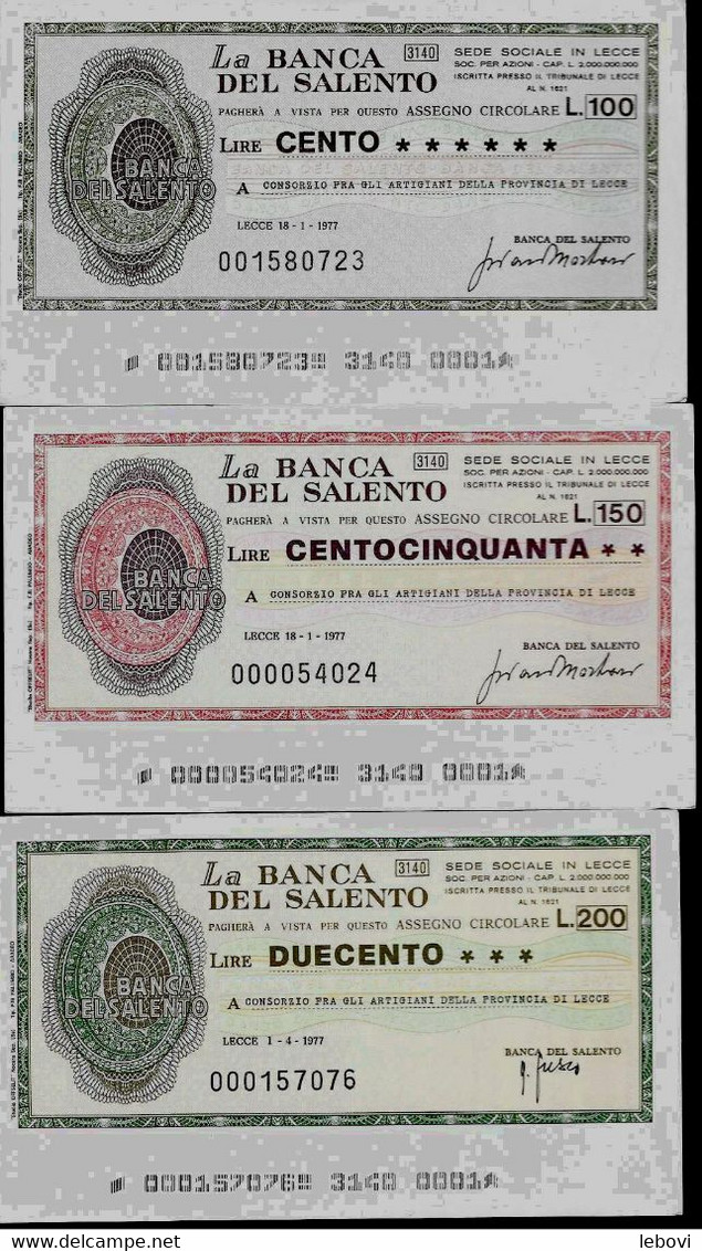 ITALIE – La Banca Del SALENTO A Consorzio Pra Gli Artigiani Della Provincia Di LECCE (1977) – Lot De 3 Billets : 100, -> - [ 4] Vorläufige Ausgaben