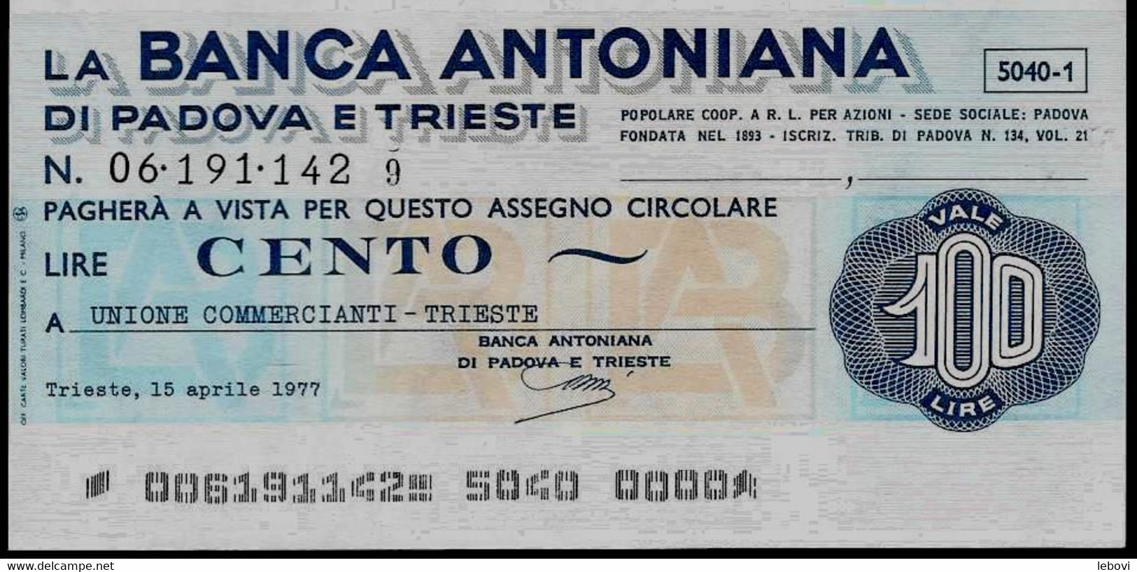 ITALIE – La Banca Antoniana Di PADOVA E TRIESTE (1977) – 100 Lires - [ 4] Voorlopige Uitgaven