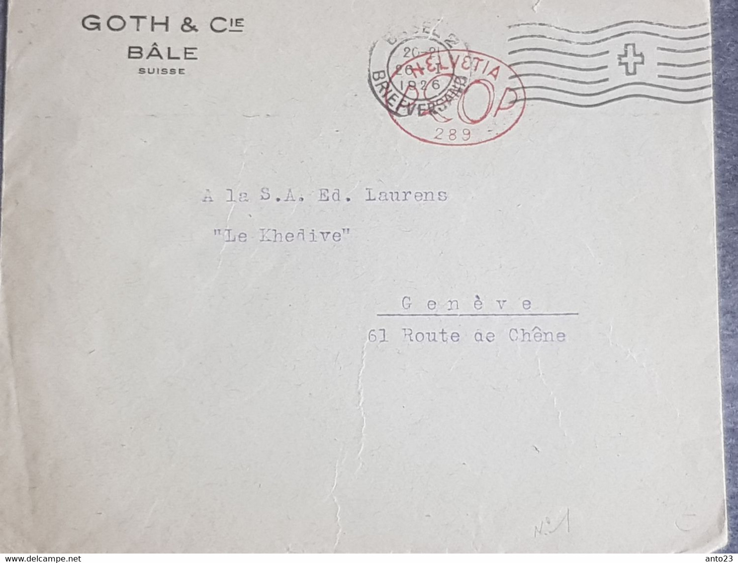 EMA Suisse 20 (289 Sté GOTH), Lettre De Bâle (flamme Croix Rouge) Le 26.01 1926 Pour Genève - Affranchissements Mécaniques