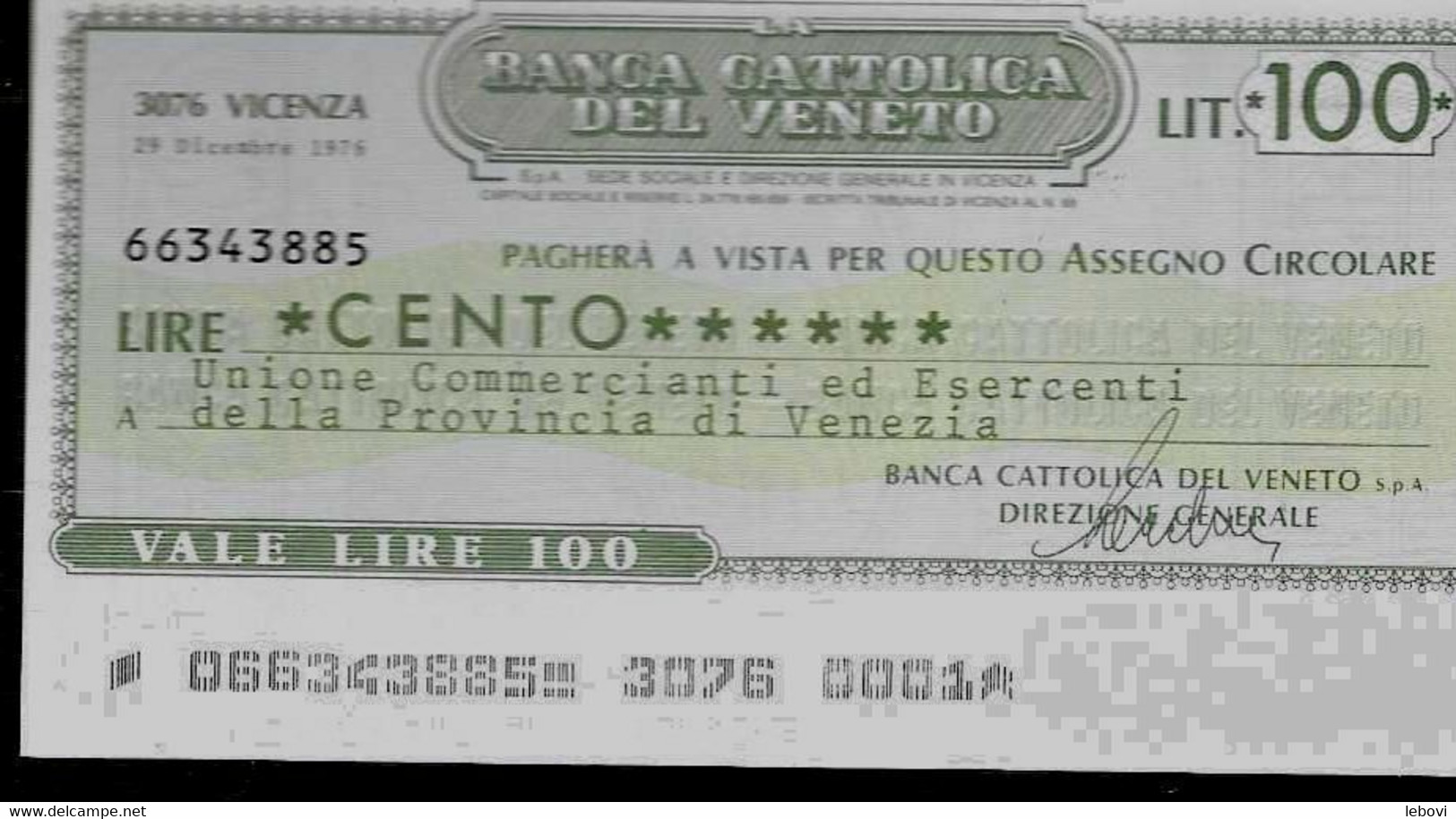 ITALIE – Banca Catolica Del VENETO A Unione Commercianti Ed Esercenti Della Provincia Di VENEZIA (1976) – 100 Lires - [ 4] Voorlopige Uitgaven