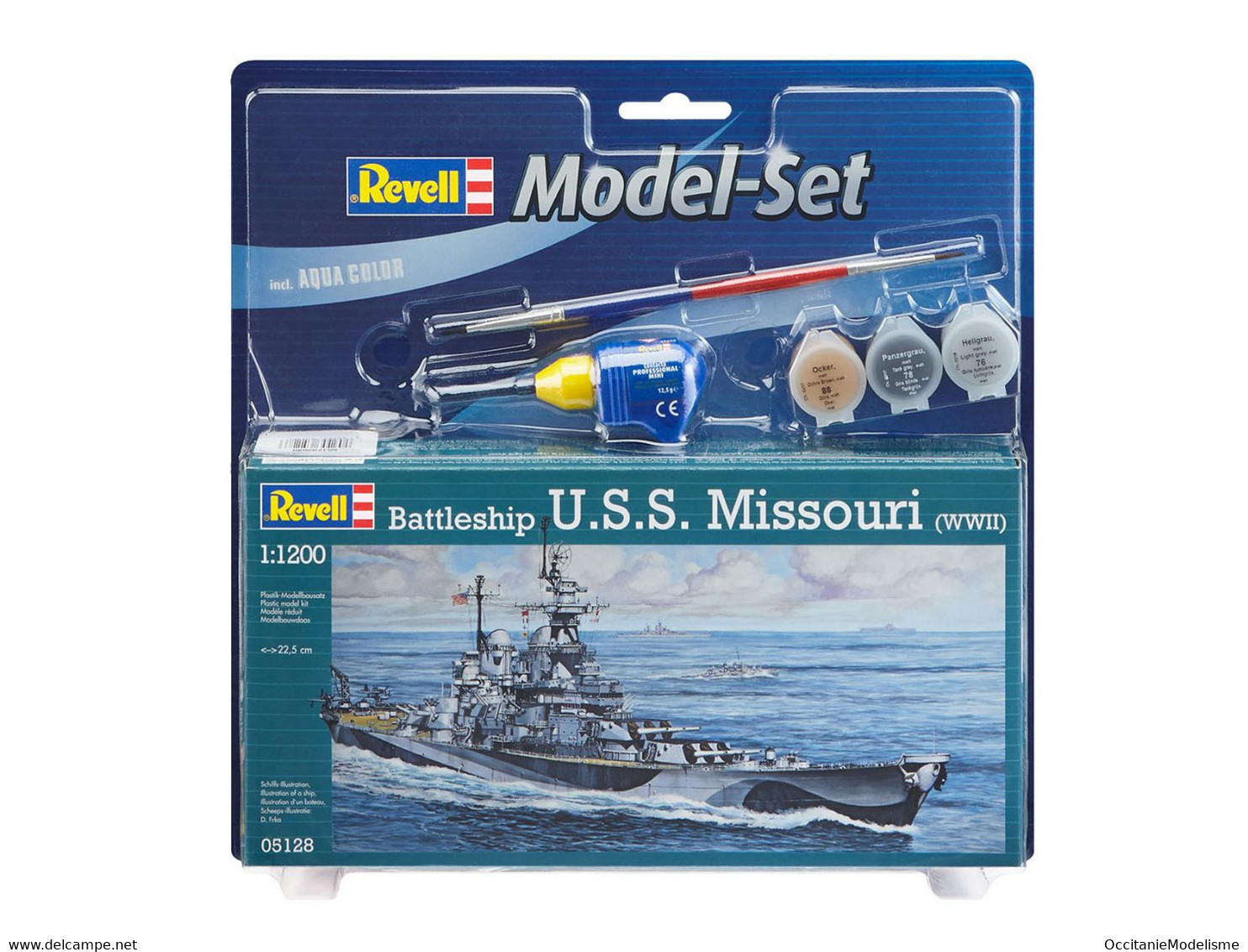 Revell - SET Cuirassé USS MISSOURI WWII + Peintures + Colle Maquette Kit Plastique Réf. 65128 Neuf NBO 1/200 - Barcos