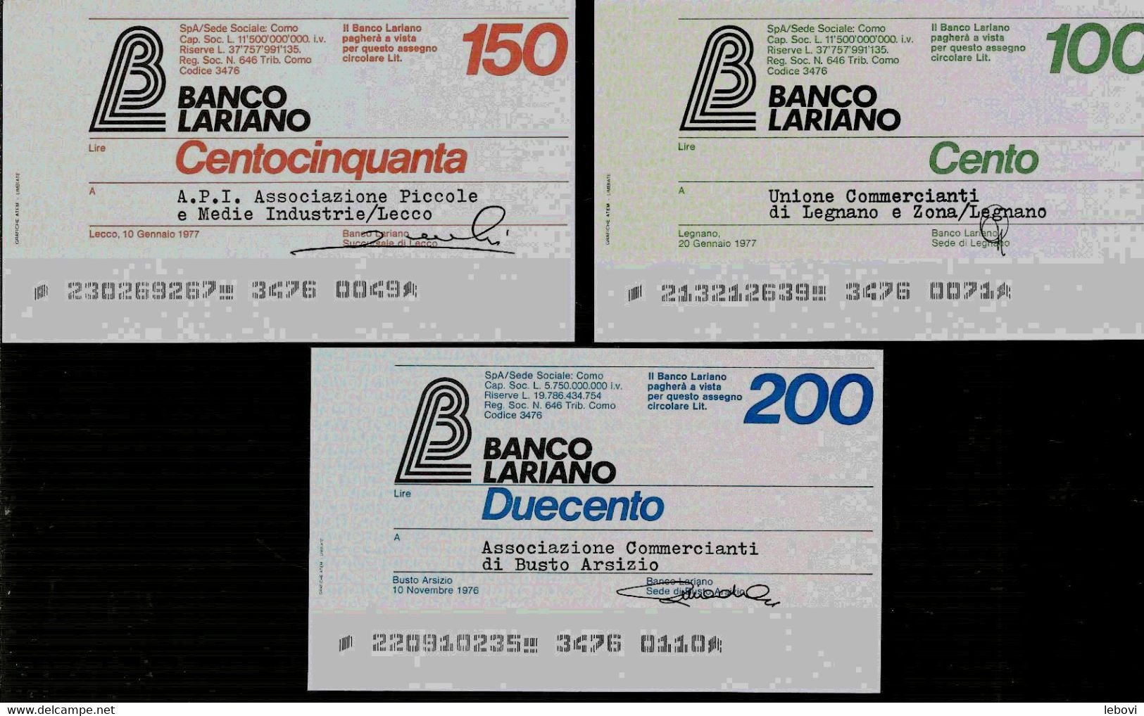 ITALIE – Banco Lariano  (1976/1977) – Lot De 3 Billets : 100, 150 Et 200 Lires - [ 4] Emissions Provisionelles