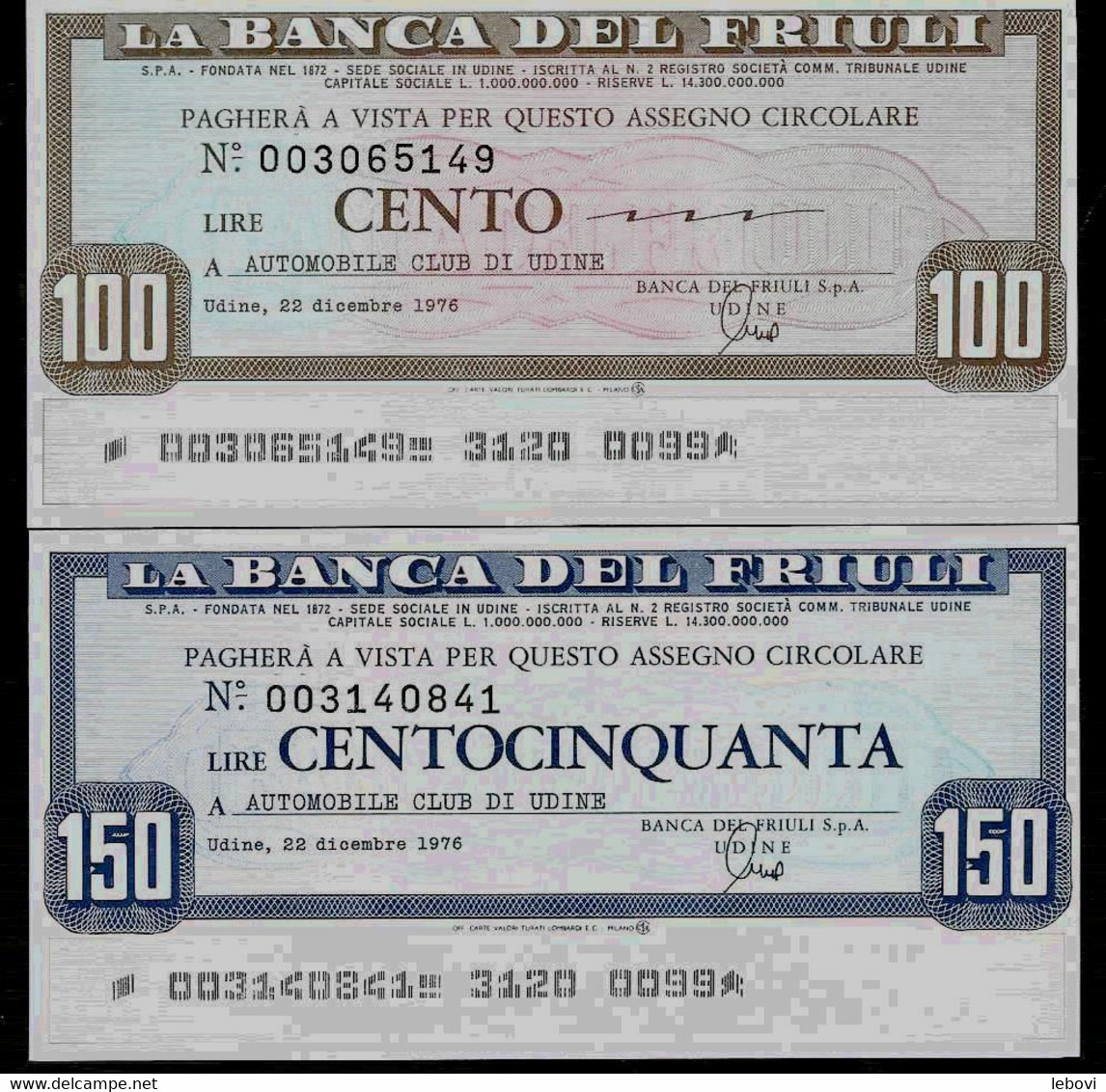 ITALIE – La Banca Del FRIULI A Automobile Club Di UDINE (1976) – Lot De 2 Billets : 100 Et 150 Lires - [ 4] Voorlopige Uitgaven