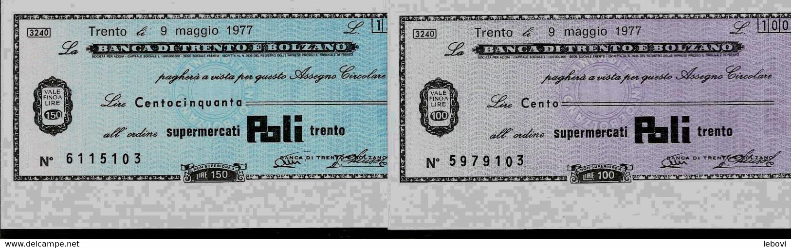 ITALIE – La Banca Di TRENTO E BOLZANO All Ordine Supermercati POLI - TRENTO (1976) – Lot De 2 Billets : 100 Et 150 Lires - [ 4] Emissions Provisionelles