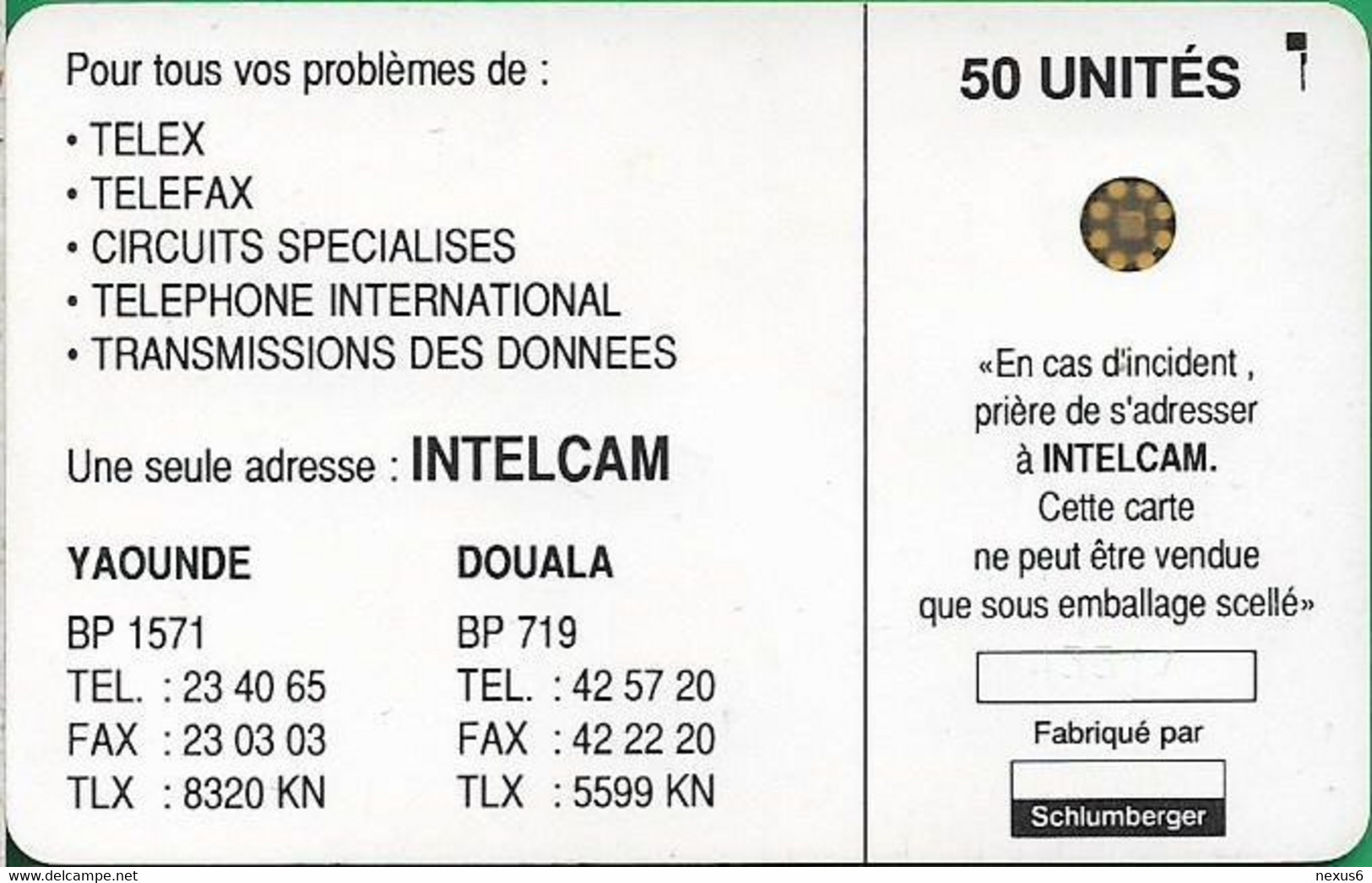 Cameroon - Intelcam - Chip - Logo Card - SC4 AFNOR, Matt, Hole 6mm, No Frame Around Chip, Cn.43317, 50Units, Used - Camerún