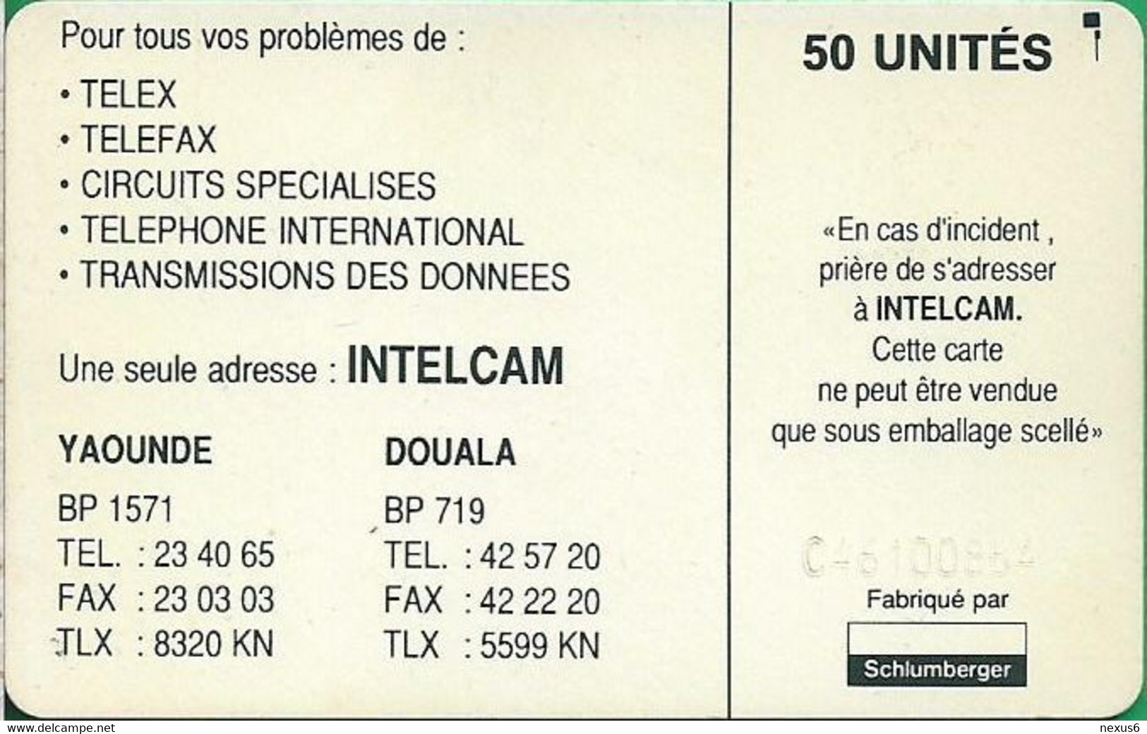 Cameroon - Intelcam - Chip - Logo Card - SC5 ISO, Glossy, No Frame Around Chip, Cn.C46100864, 50Units, Used - Camerún