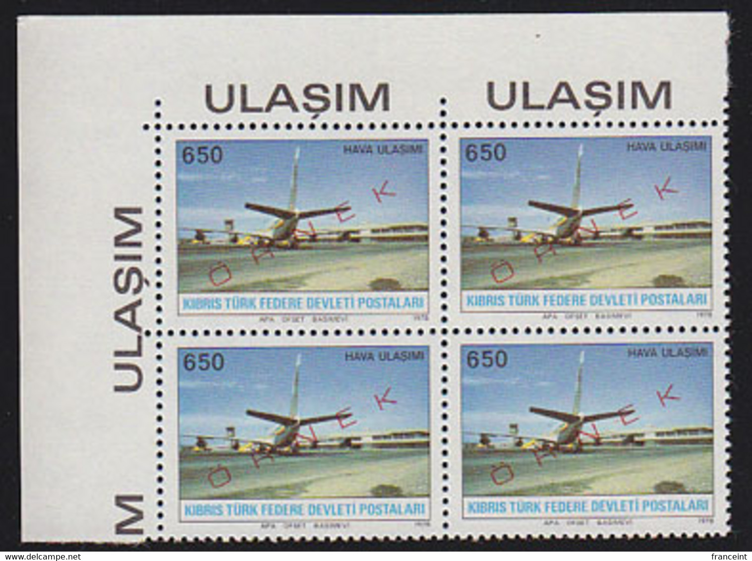 NORTHERN CYPRUS(1978) Jet. Corner Block Of 4 Overprinted ORNEK (specimen). Scott No 59. - Otros & Sin Clasificación