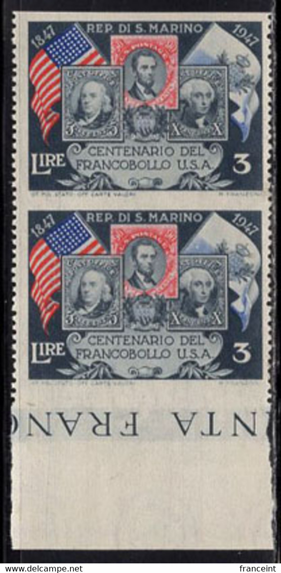 SAN MARINO(1947) US Stamps. Flag. Margin Pair Imperforate Horizontally. Scott No 267, Yvert No 309. - Abarten Und Kuriositäten