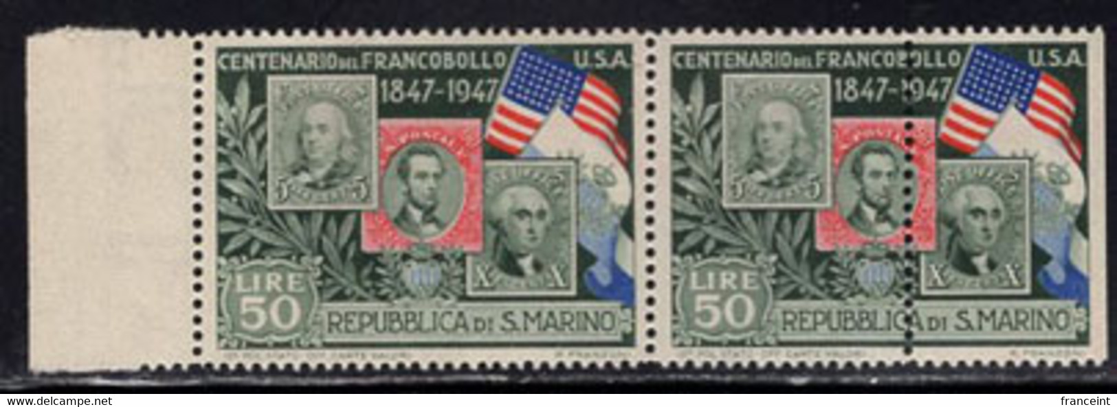 SAN MARINO(1947) US Stamps. Flag. Pair Misperforated Vertically. Scott No 271, Yvert No 313. - Varietà & Curiosità