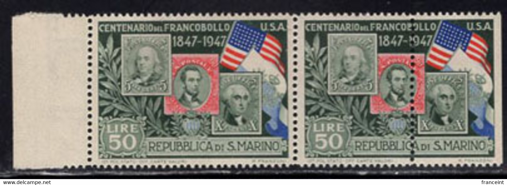 SAN MARINO(1947) US Stamps. Flag. Pair Misperforated Vertically. Scott No 271, Yvert No 313. - Abarten Und Kuriositäten