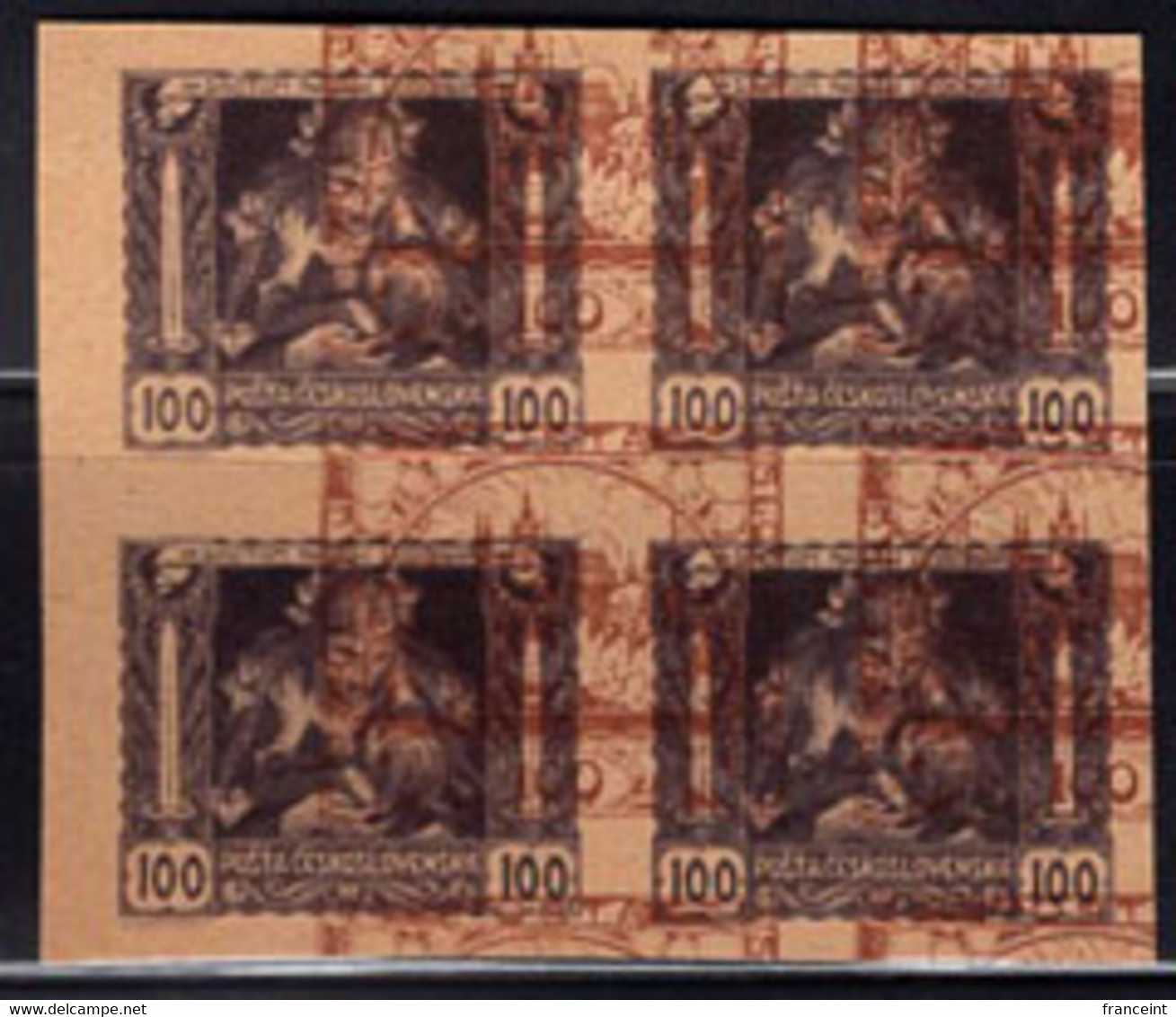 CZECHOSLOVAKIA(1919) Mother And Child. Block Of 4 Imperforate Proofs On Yellow Paper With Overlay Of Hradcany - Probe- Und Nachdrucke