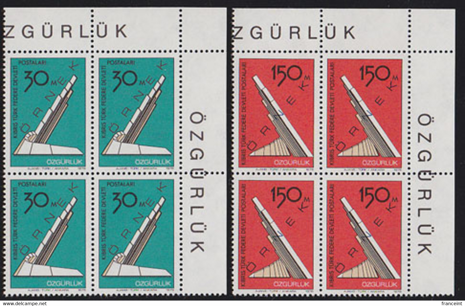 NORTHERN CYPRUS(1976) Liberation Monument. Set Of 2 Corner Blocks Of 4 Overprinted ORNEK (specimen). Scott 39-40 - Sonstige & Ohne Zuordnung