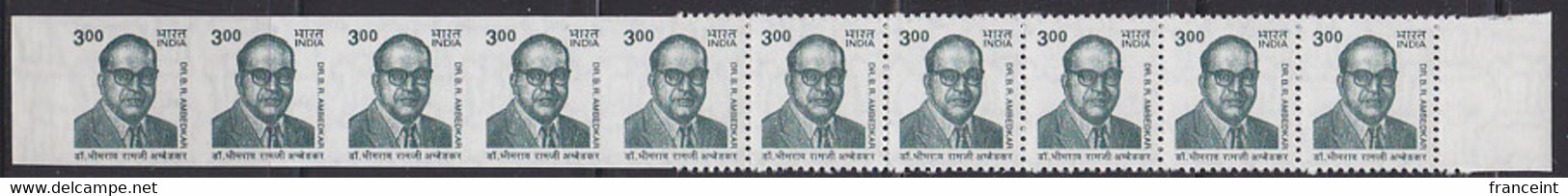 INDIA(2001) B.R. Ambedkar. Strip Of 10 With Left 4 Stamps Totally Imperf And 5th Stamp Imperf On Left. Scott No 1872. - Errors, Freaks & Oddities (EFO)