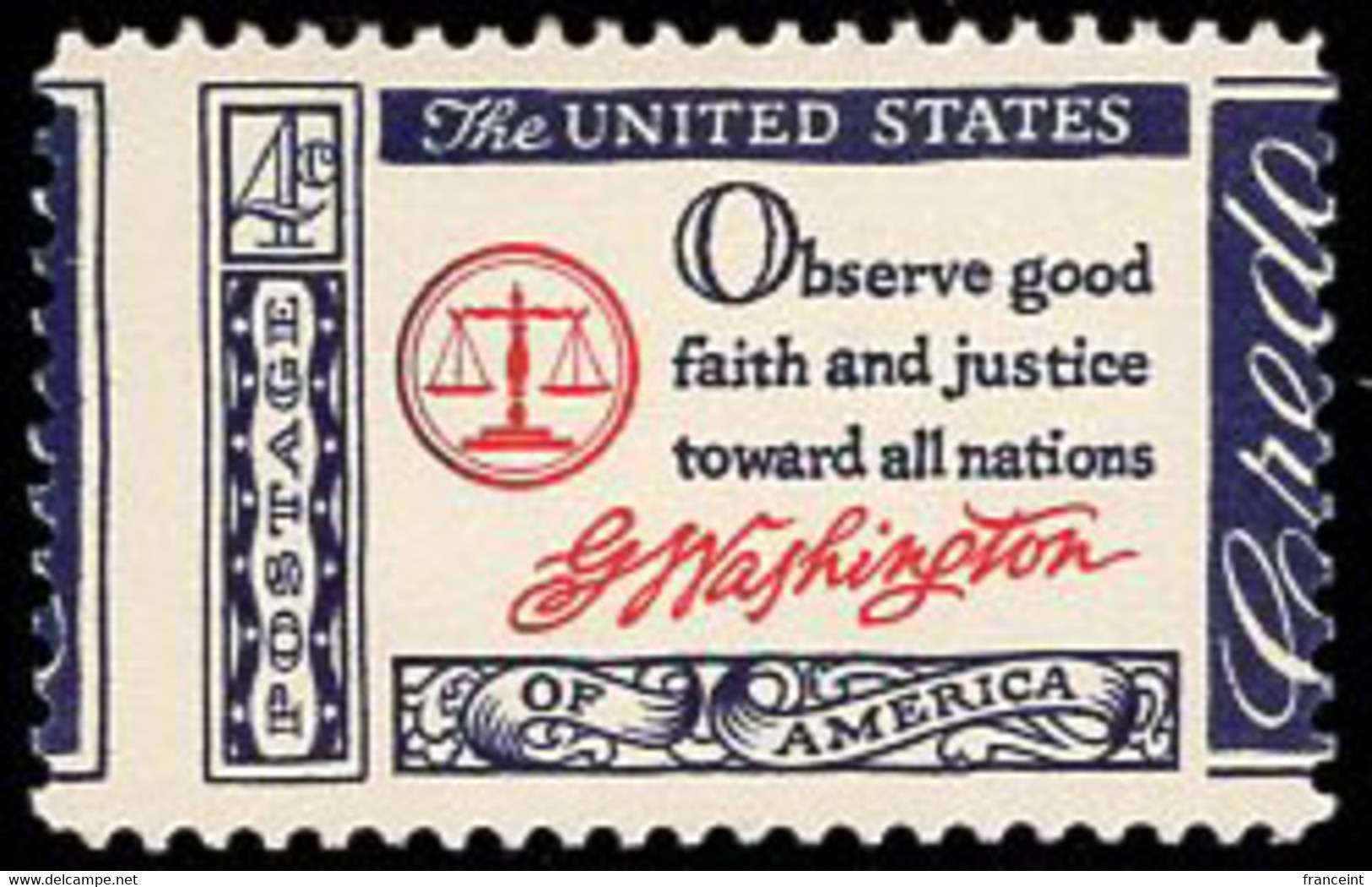 U.S.A.(1960) Washington Credo. Vertical Perforation Shift Resulting In Part Of Stamp Appearing On Opposite Side. Sc 1139 - Errors, Freaks & Oddities (EFOs)
