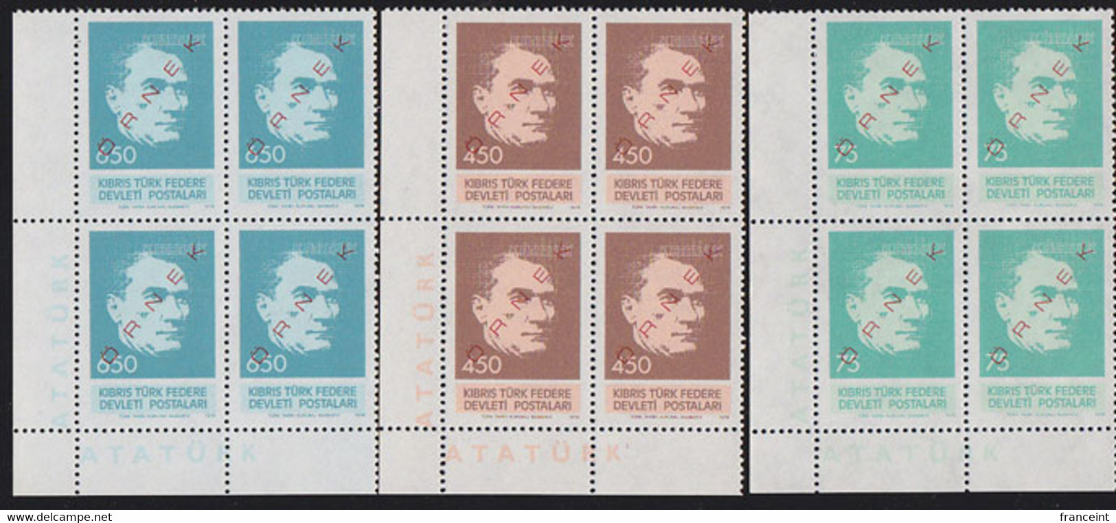 NORTHERN CYPRUS(1978) Kemal Ataturk. Set Of 3 Corner Blocks Of 4 Overprinted ORNEK (specimen). Scott 63-5/ - Other & Unclassified