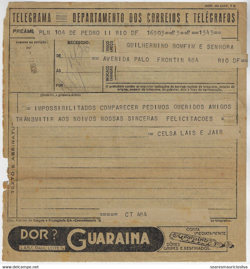 Brazil 1939 Telegram Authorized Advertising guarana Medicine Slogan Pain? Guaraine Immediately Cuts Pain Flu And Cold - Drogue