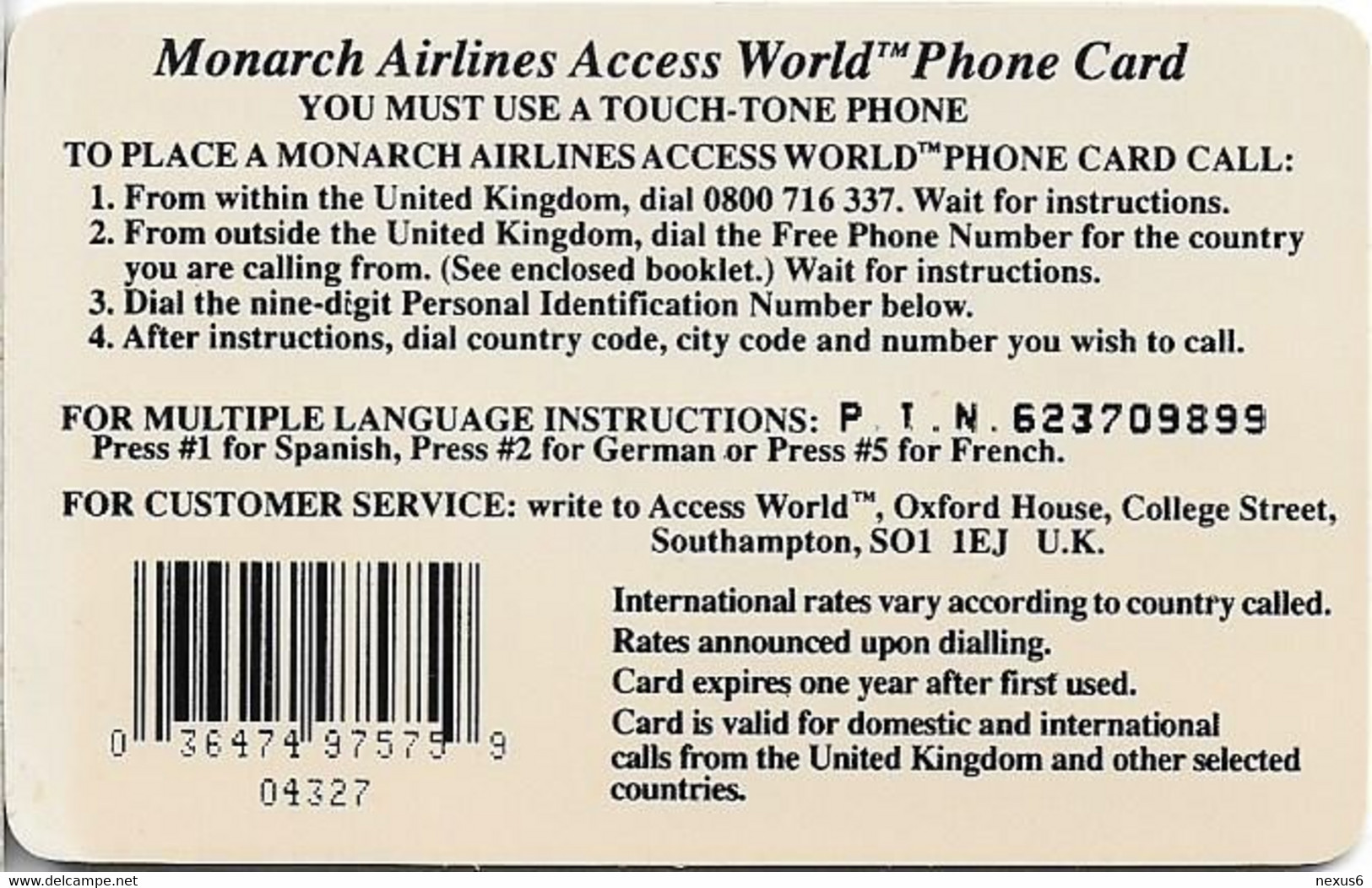 UK - Monarch Airlines - Access World Phone Card, Remote Mem. 10£, Used - Emissioni Imprese