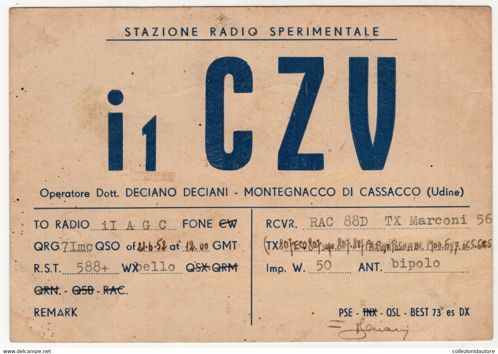 CB - MONTEGNACCO DI CASSACCO - I 1 C Z V  - OPER. DECIANO - UDINE - CARTOLINA QSL FG SPEDITA NEL 1952 MONTEGNACCO-CESENA - CB-Funk