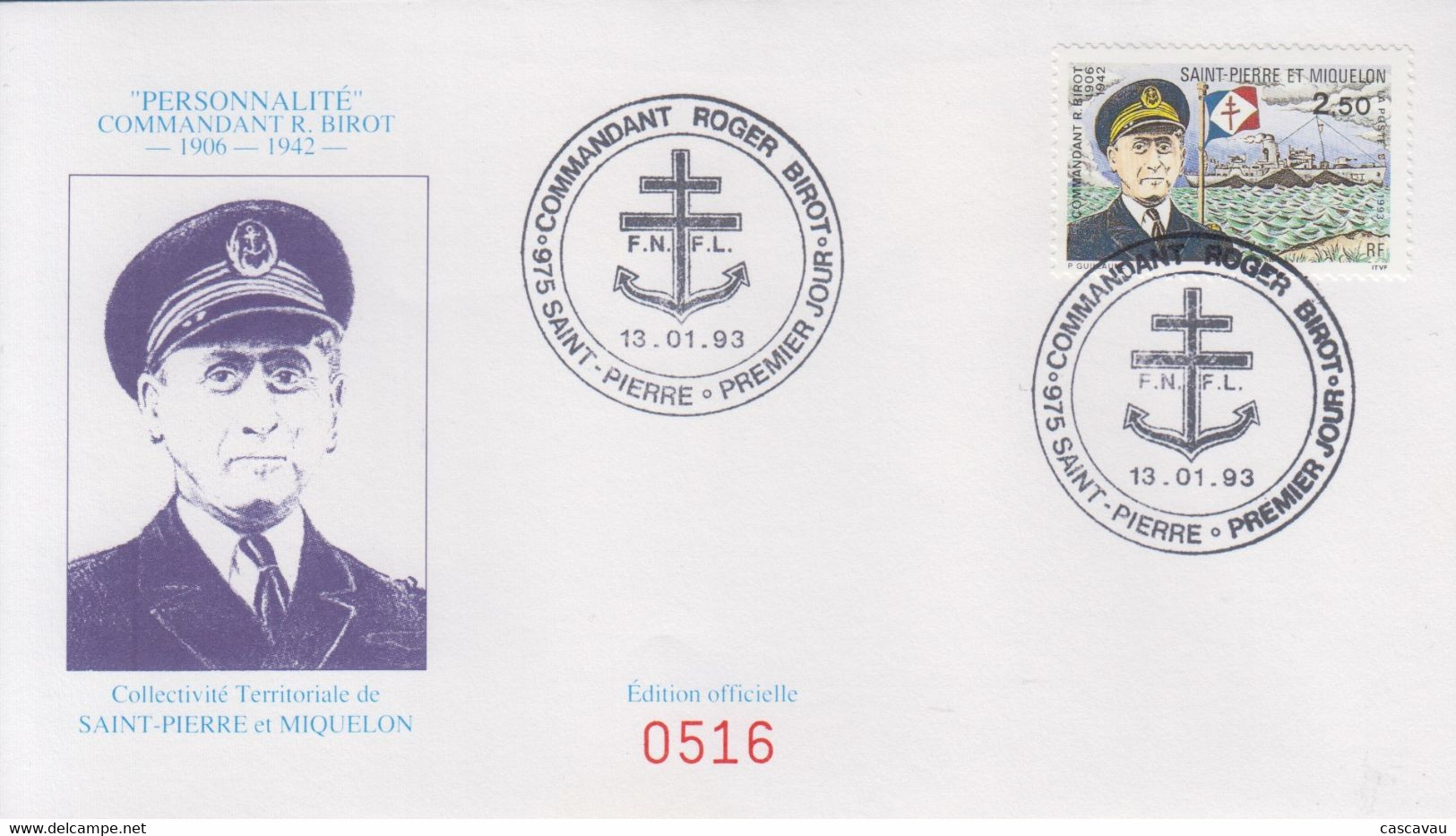 Enveloppe  FDC   1er  Jour   SAINT  PIERRE  MIQUELON   Commandant   BIROT    1993 - FDC