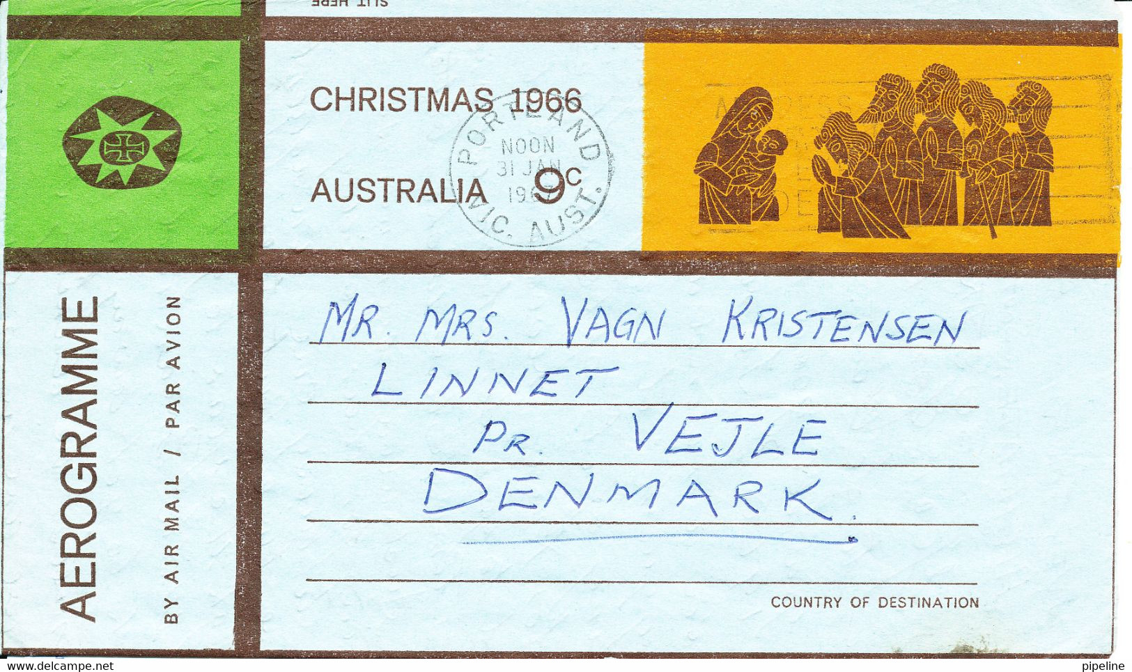 Australia Aerogramme Christmas 1966 Sent To Denmark Portland 31-1-1967 - Aérogrammes