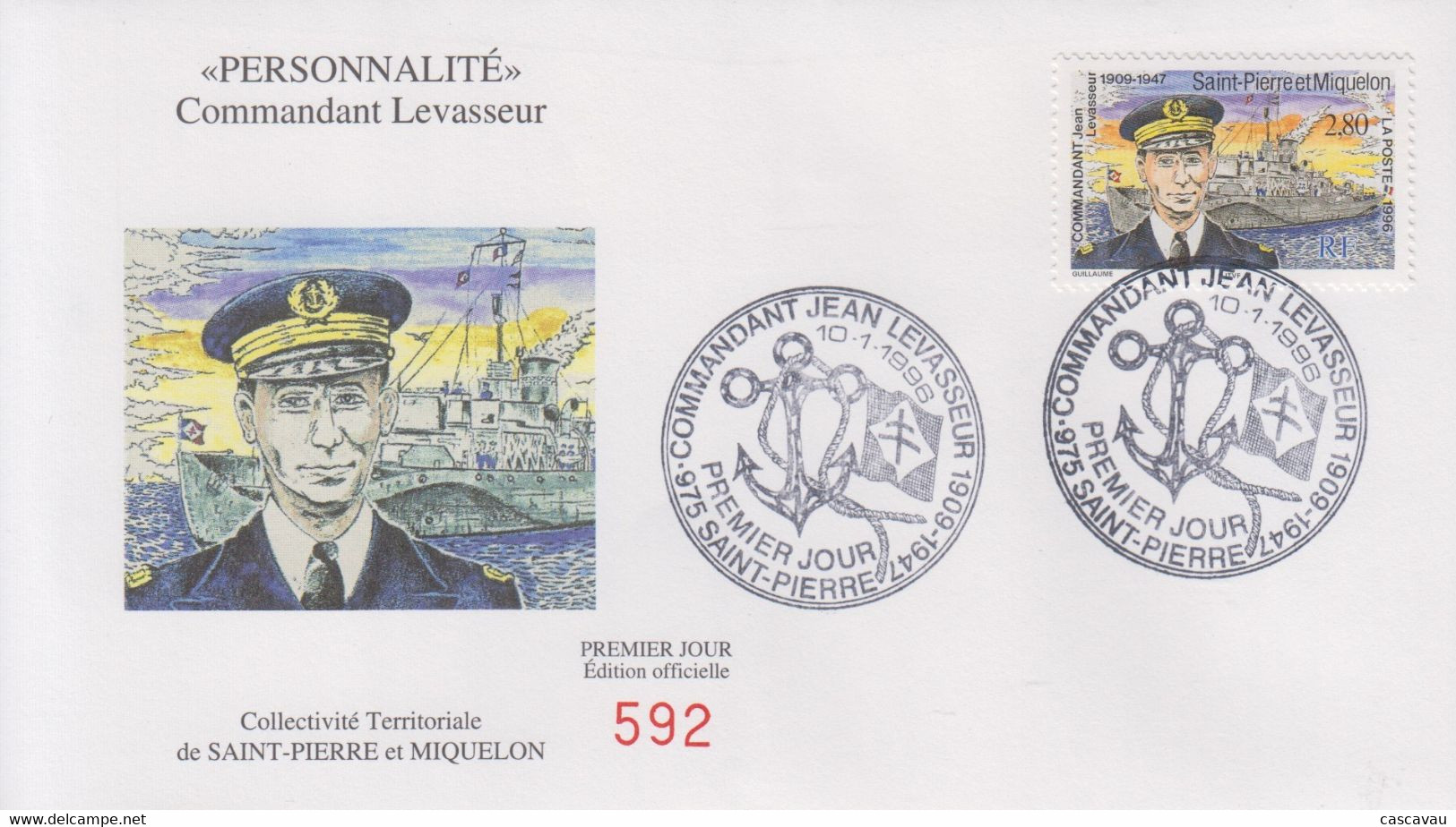 Enveloppe   FDC   1er   JOUR    SAINT  PIERRE  Et  MIQUELON    Commandant   LEVASSEUR   1996 - FDC