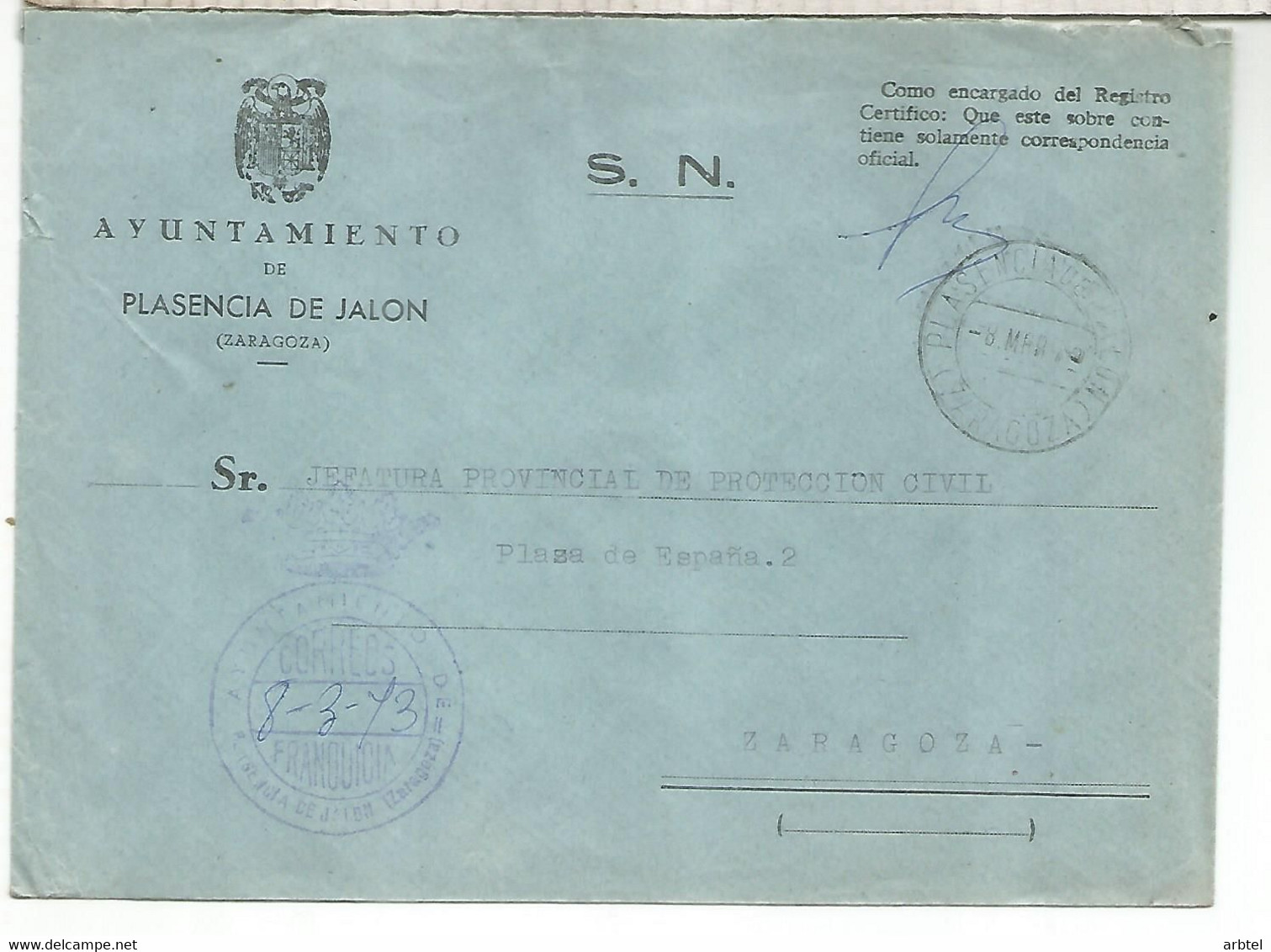 CC CON FRANQUICIA AYUNTAMIENTO DE PLASENCIA DE JALON ZARAGOZA 1973 - Franchise Postale