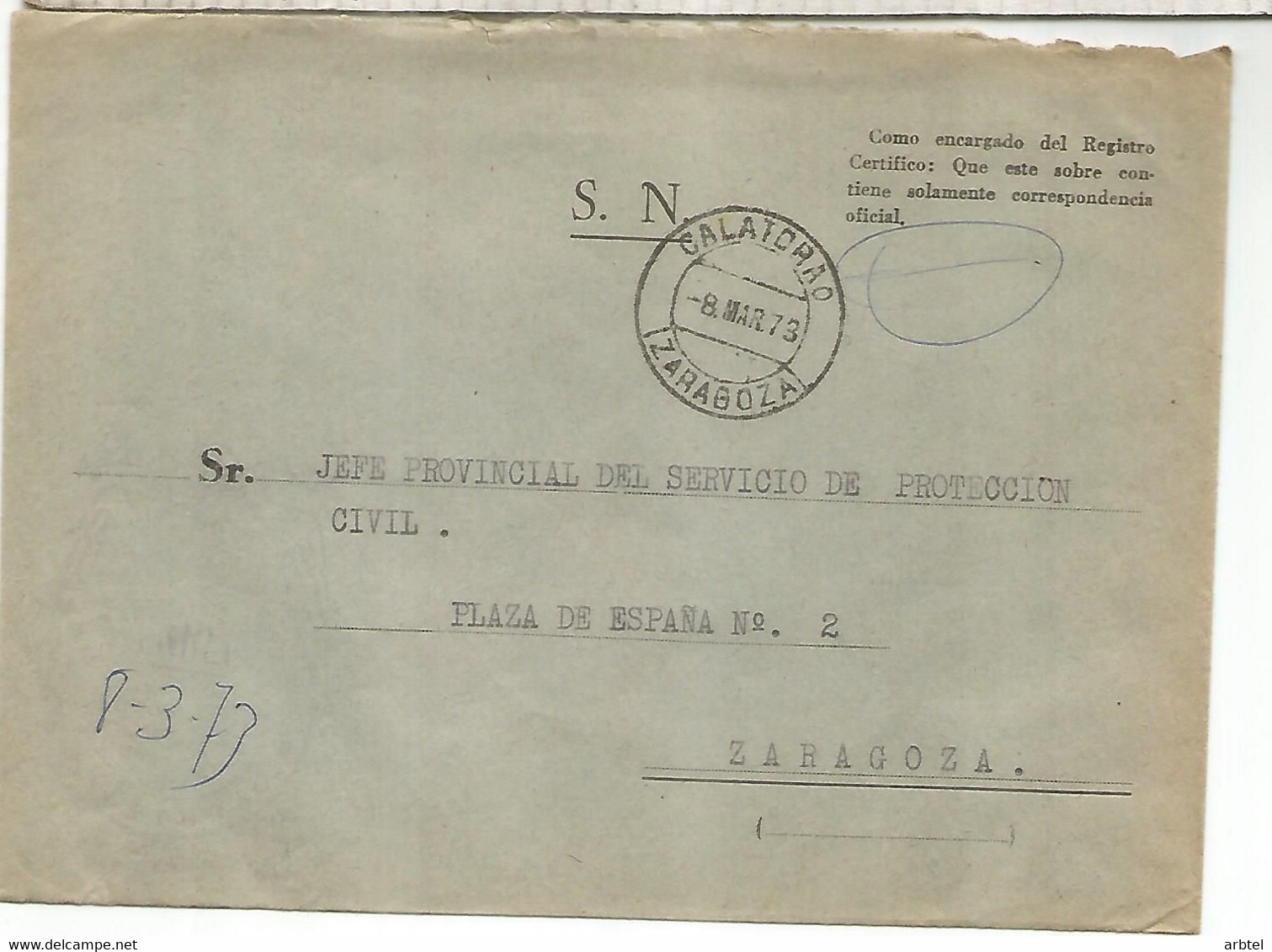 CC CON FRANQUICIA AYUNTAMIENTO DE CALATORAO ZARAGOZA 1973 - Franchigia Postale