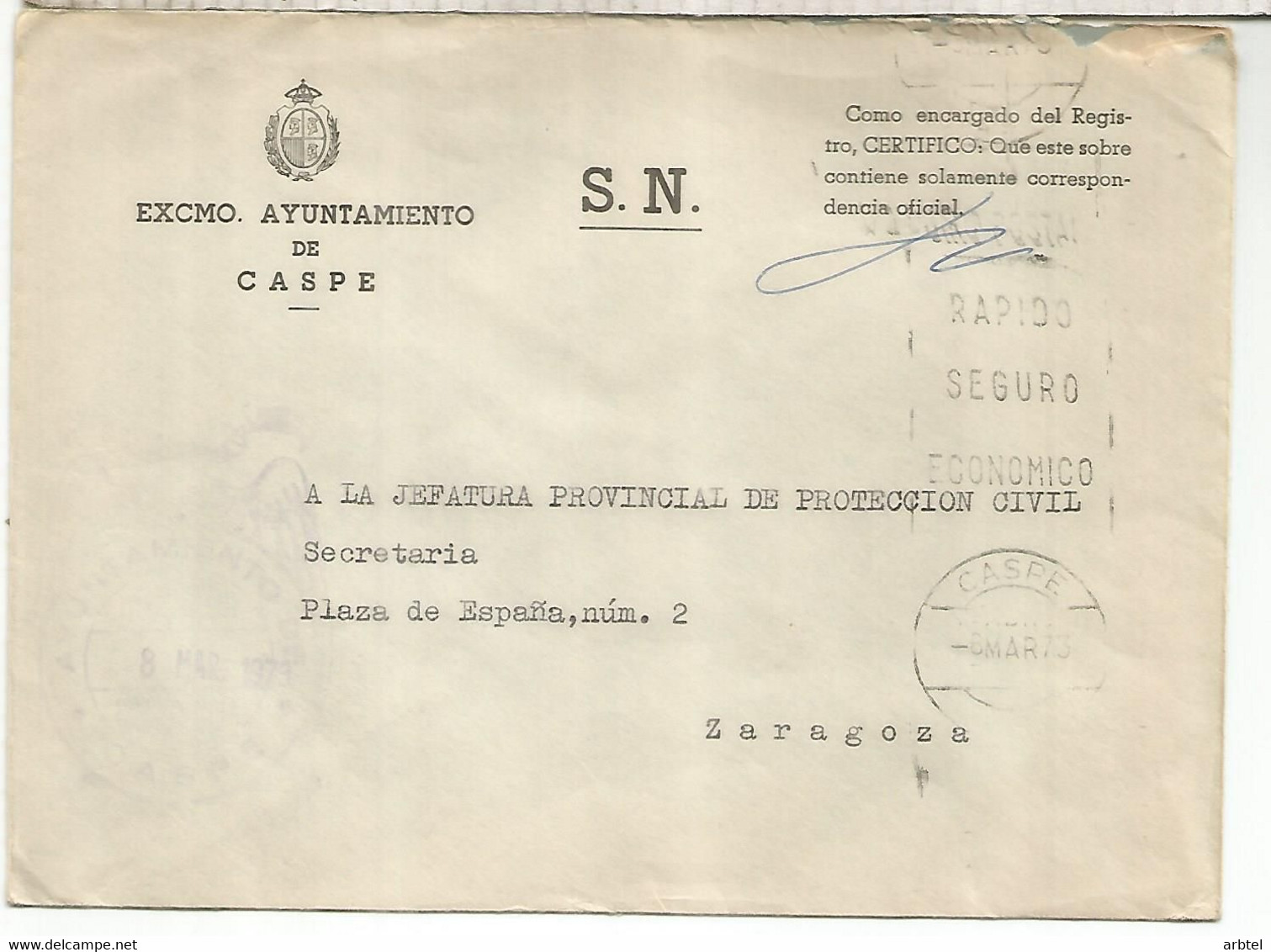 CC CON FRANQUICIA AYUNTAMIENTO DE CASPE ZARAGOZA 1973 - Franquicia Postal
