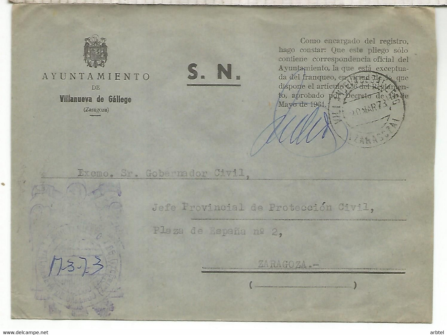 CC CON FRANQUICIA AYUNTAMIENTO DE VILLANUEVA DE GALLEGO ZARAGOZA 1973 - Vrijstelling Van Portkosten