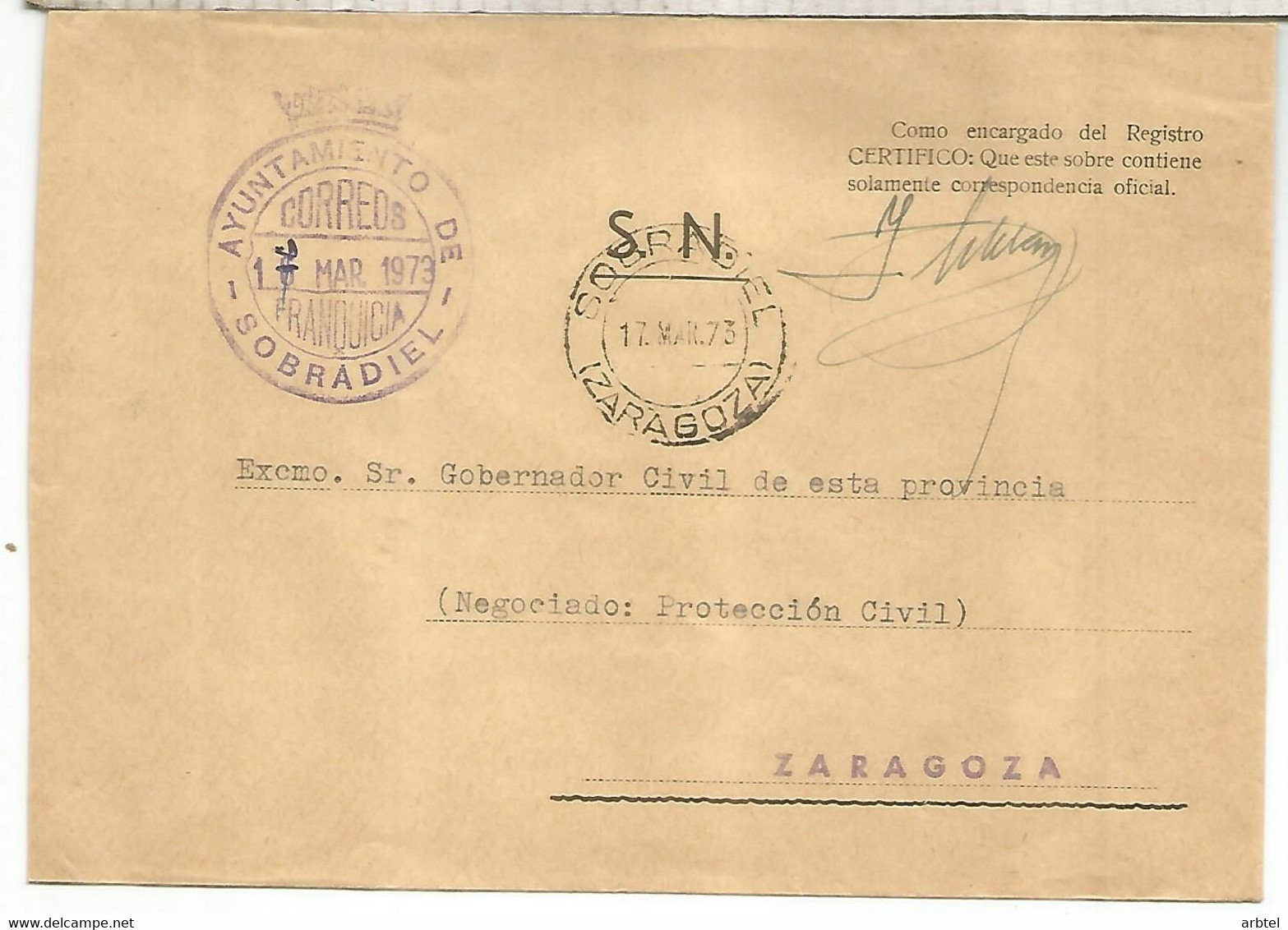 CC CON FRANQUICIA AYUNTAMIENTO DE SOBRADIEL ZARAGOZA 1973 - Franchigia Postale