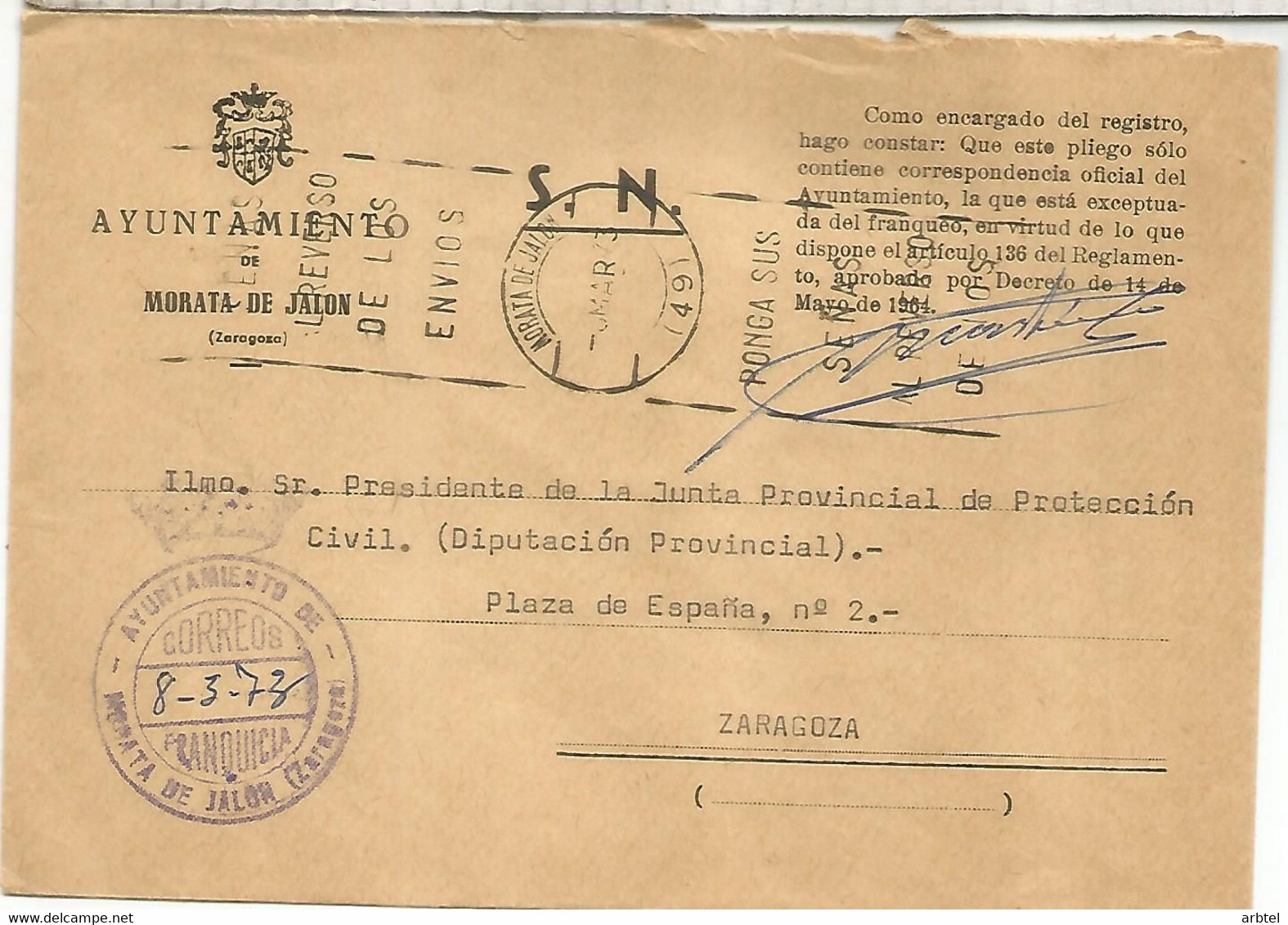 CC CON FRANQUICIA AYUNTAMIENTO DE MORATA DE JALON ZARAGOZA 1973 - Franchigia Postale