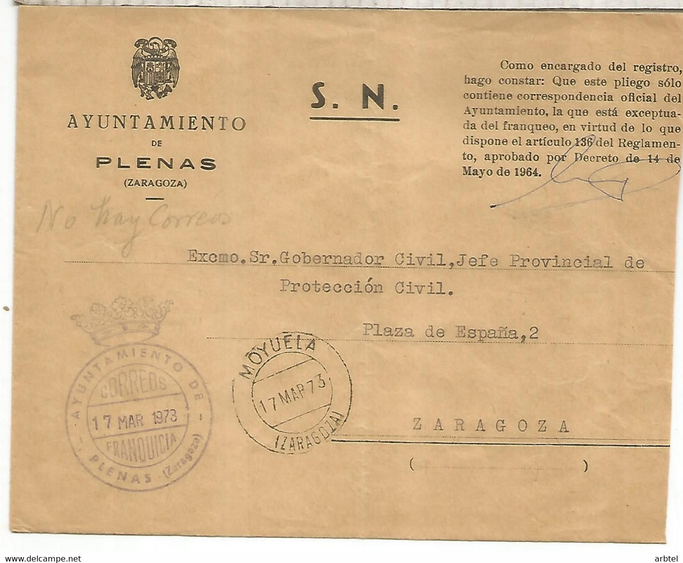 CC CON FRANQUICIA AYUNTAMIENTO DE PLENAS ZARAGOZA 1973 MAT MOYUELA - Franchise Postale