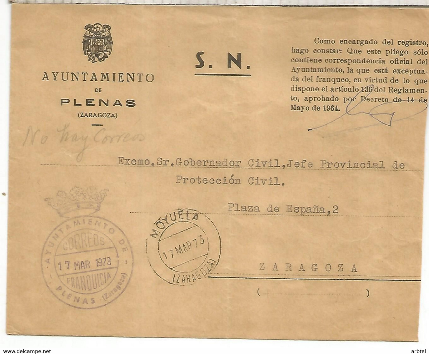 CC CON FRANQUICIA AYUNTAMIENTO DE PLENAS ZARAGOZA 1973 MAT MOYUELA - Franquicia Postal