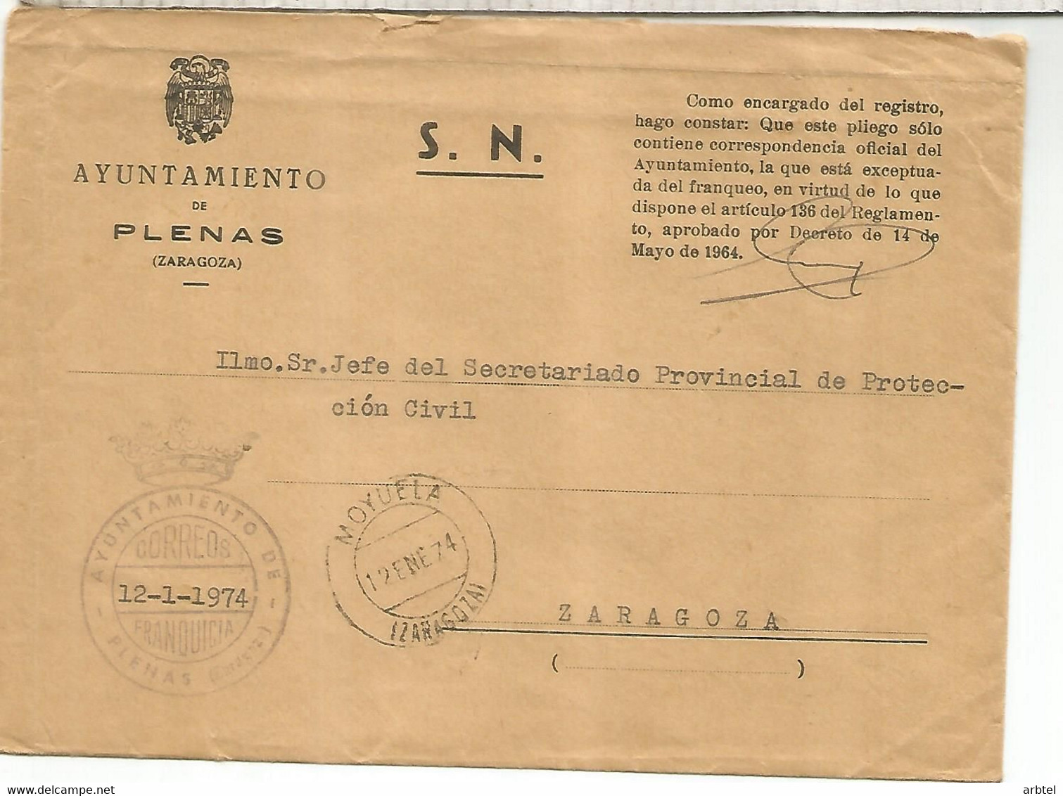 CC CON FRANQUICIA AYUNTAMIENTO DE PLENAS ZARAGOZA 1973 MAT MOYUELA - Franchigia Postale