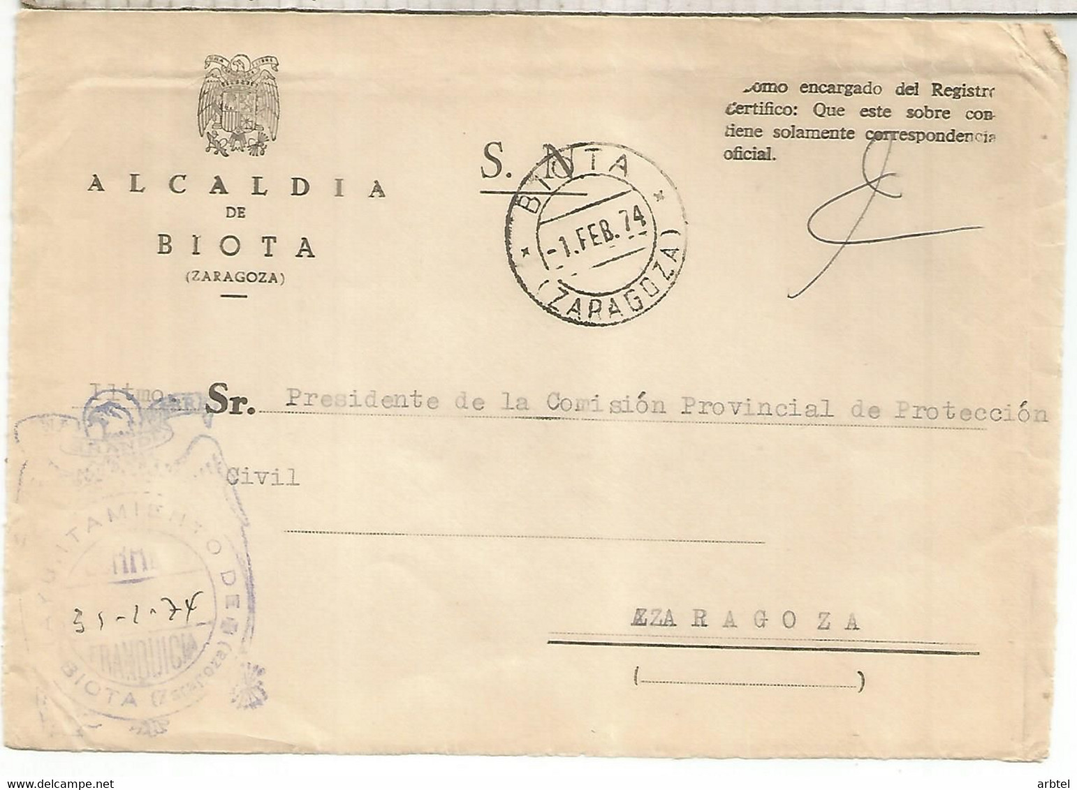 FRONTAL CON FRANQUICIA AYUNTAMIENTO DE BIOTA ZARAGOZA 1974 - Franchigia Postale