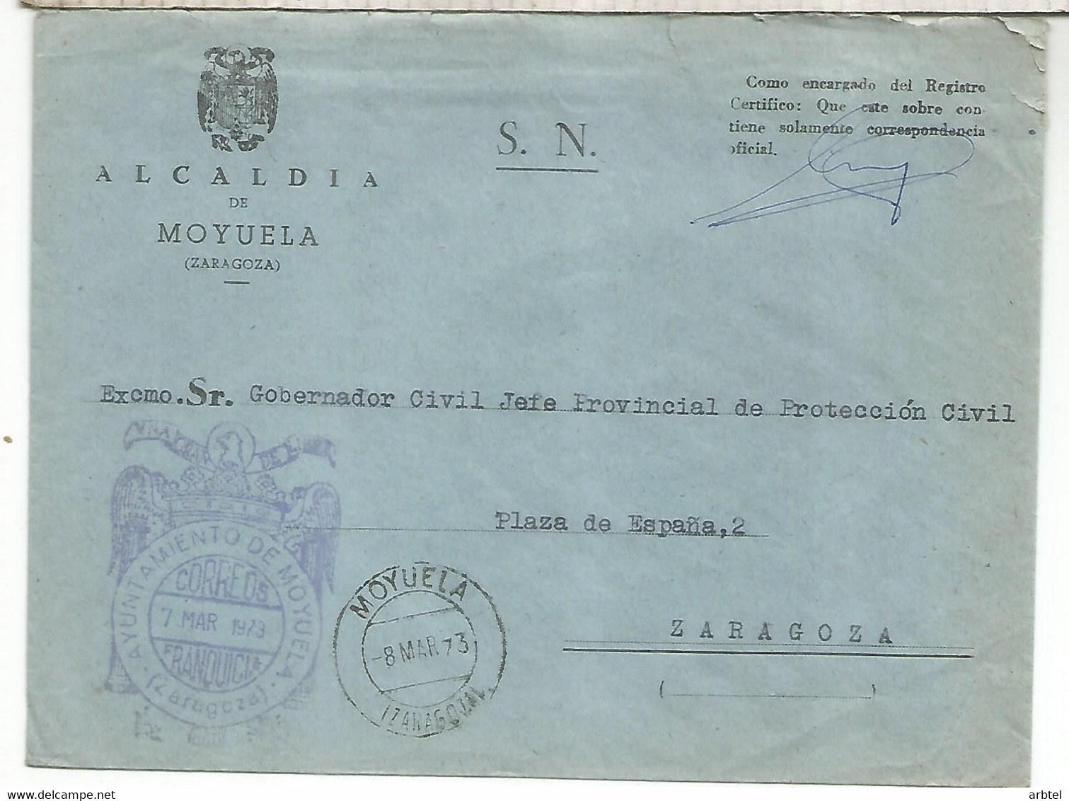 CC CON FRANQUICIA AYUNTAMIENTO DE MOYUELA ZARAGOZA 1973 - Franquicia Postal