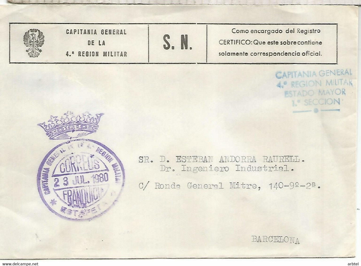 CC CON FRANQUICIA CAPITANIA GENERAL 4 REGION MILITAR 1980 - Franquicia Postal