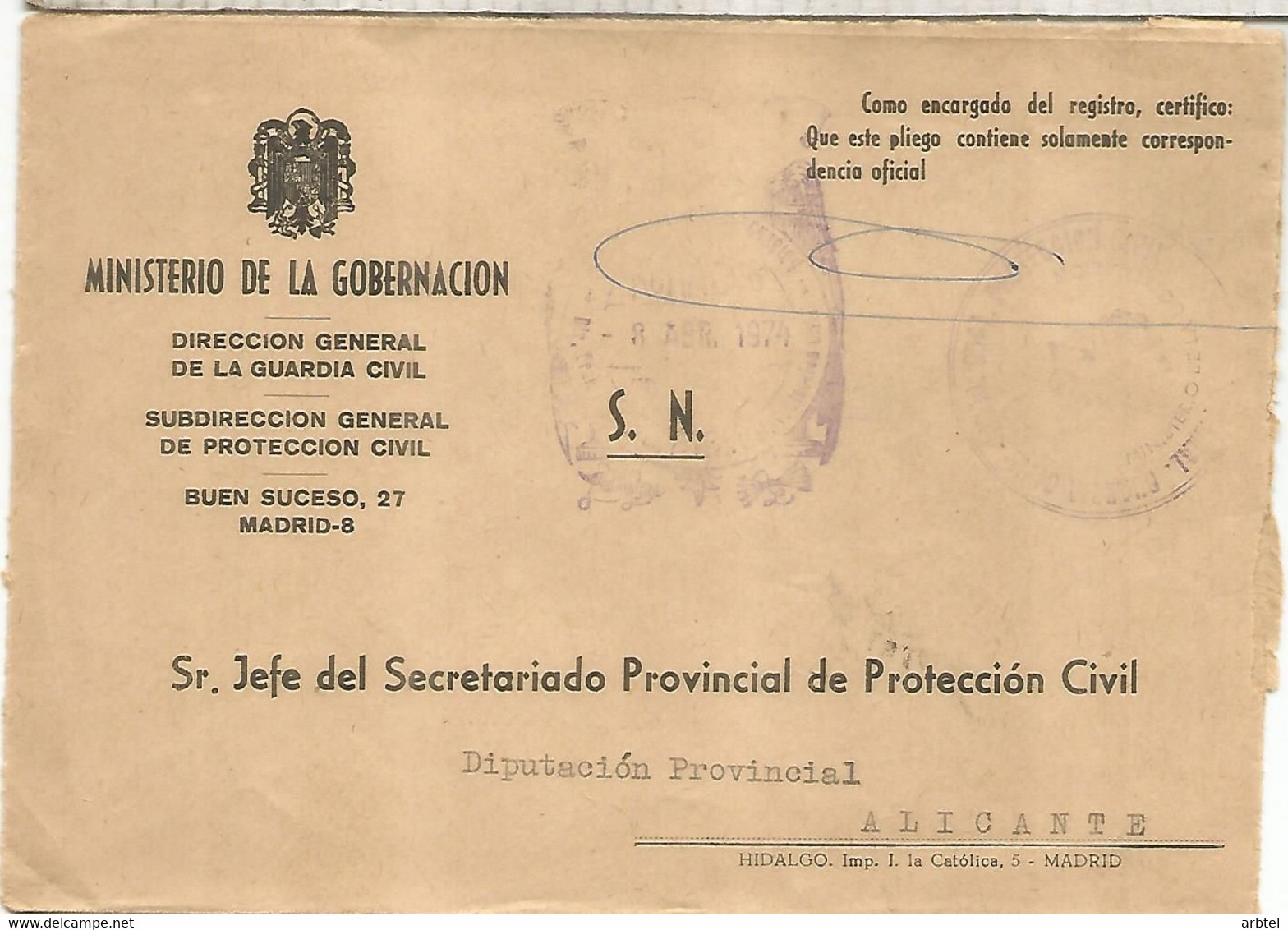 CC CON FRANQUICIA MINISTERIO DE LA GOBERNACION GUARDIA CIVIL - Franchigia Postale