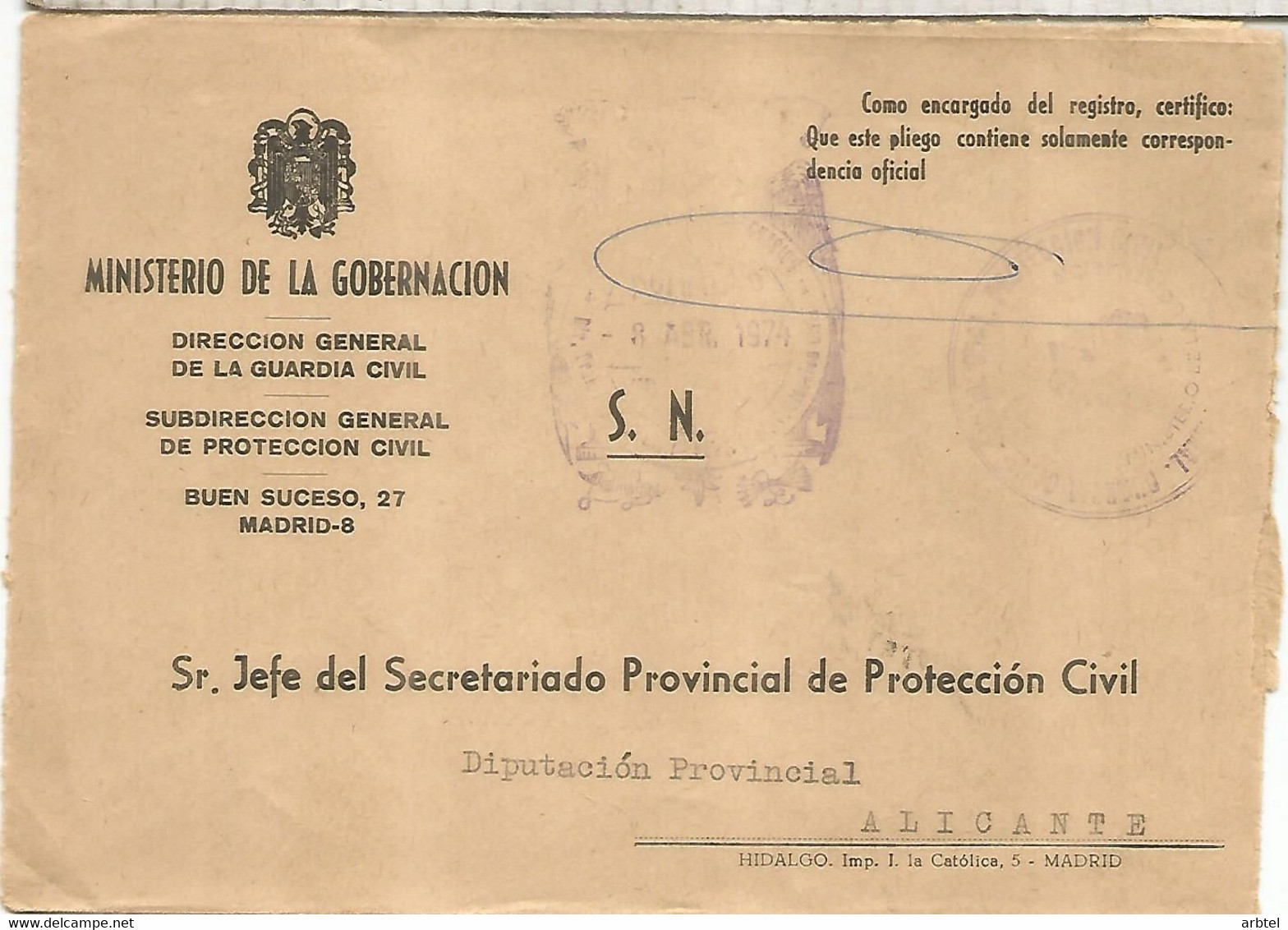 CC CON FRANQUICIA MINISTERIO DE LA GOBERNACION GUARDIA CIVIL - Franquicia Postal