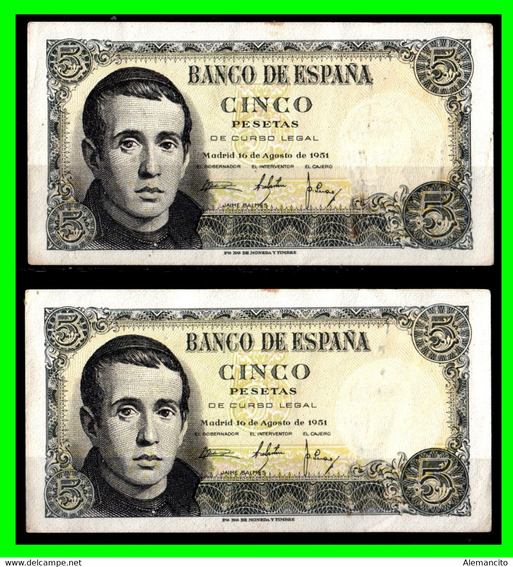 BILLETES  PAREJA CORRELATIVA  AÑO 1951 - 5 PESETAS 16 DE AGOSTO 1951. JAIME BALMES. - 5 Pesetas