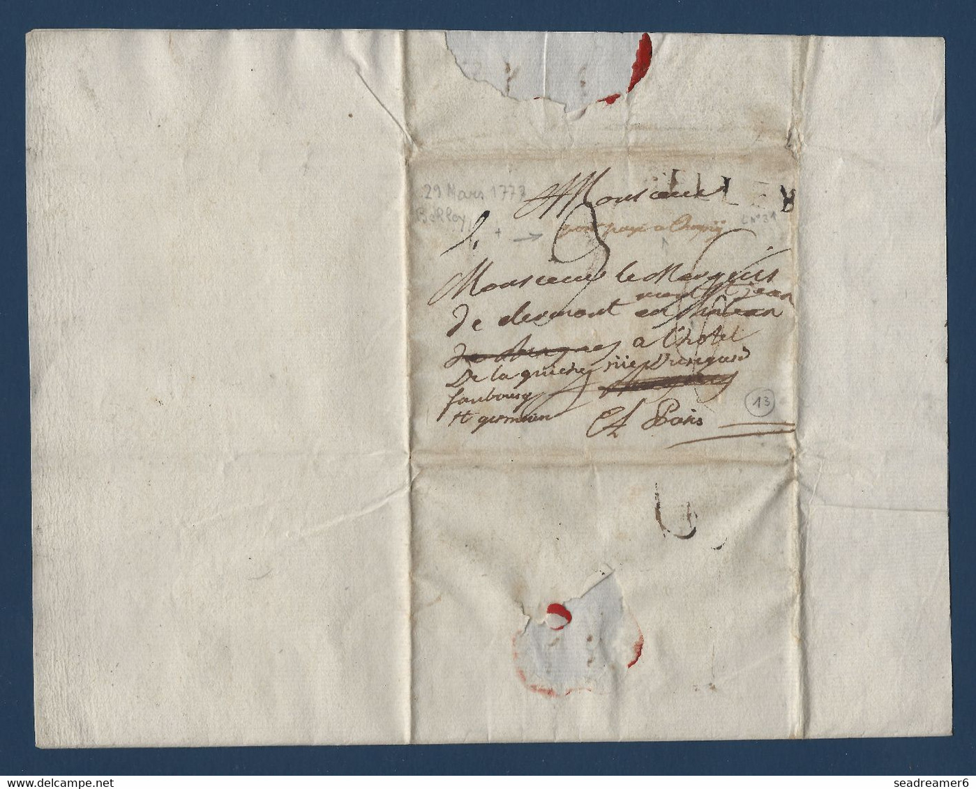 Lettre De BELLEY 29 Mars 1777 Au Marquis Mont St Jean De Clermont à PARIS Taxe 3 Sols Réexpédié En Port Payé (manuscrit) - ....-1700: Precursores