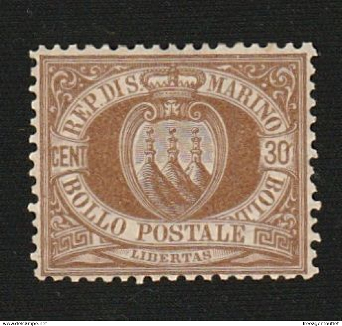 San Marino 1877 - 30c. - UNUSED - Brown Coat Of Arms - Signed By Diena - Neufs