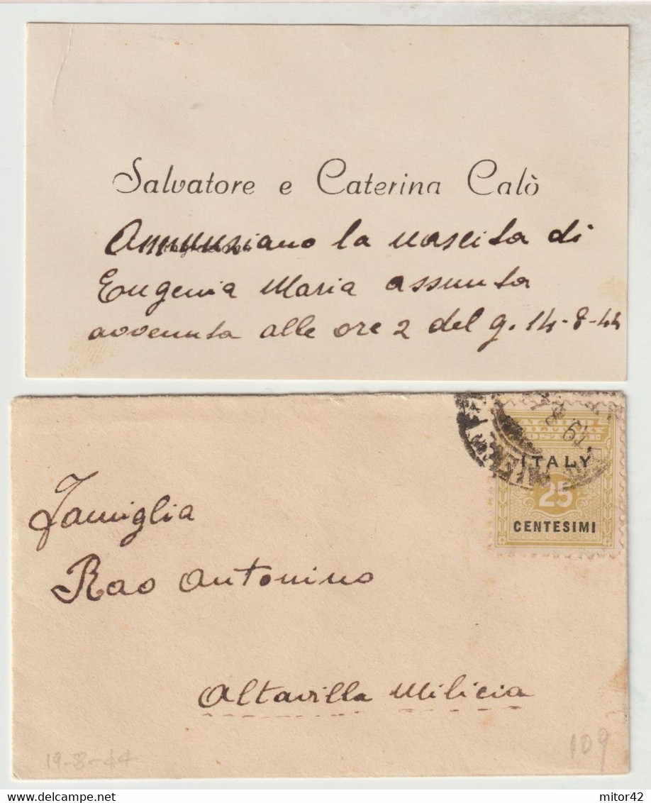 109-Amgot-Occupazione Alleata Sicilia-Bustina X Biglietto Da Visita Con 25c. X Altavilla Milicia-Palermo - Occup. Anglo-americana: Sicilia