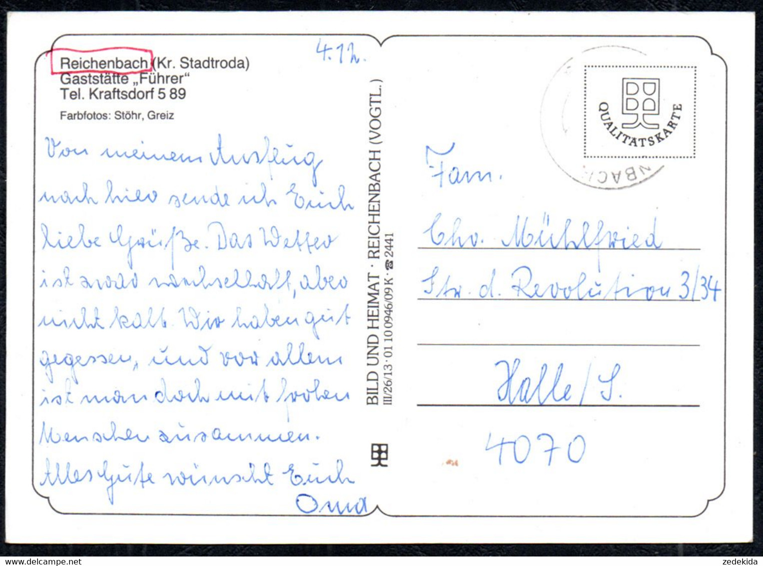 G0767 - Reichenbach Gaststätte Führer - Bild Und Heimat Reichenbach Qualitätskarte - Reichenbach I. Vogtl.