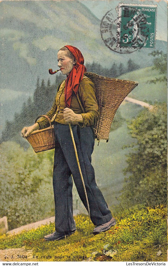 CPA Colorisée - Folklore - JULIEN FRERES GENEVE - 3104 - En Route Pour Le Village - Femme Fumant La Pipe Avec Paniers - Costumes