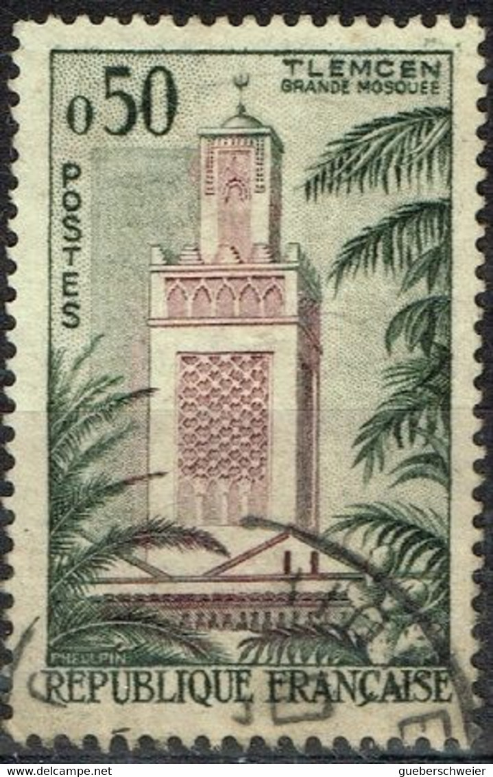 FR VAR 57 - FRANCE N° 1238 Obl. Mosquée De Tlemcen Variété Feuilles De Palmier Et Haut De La Tour Verts - Used Stamps