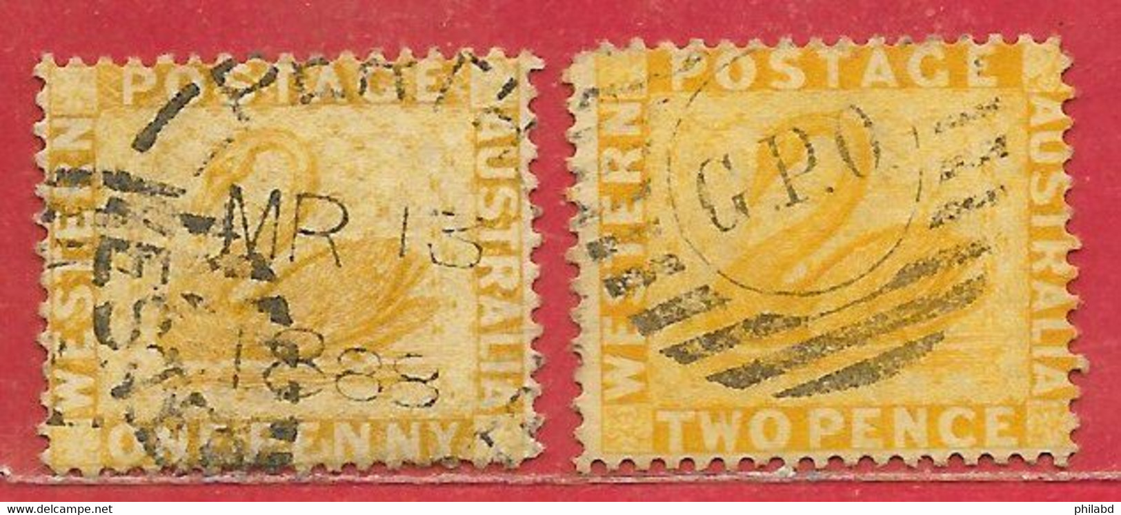 Australie Occidentale N°32 1p Bistre & N°33 2p Jaune (filigrane CA, Dentelé 12) 1885 O - Used Stamps