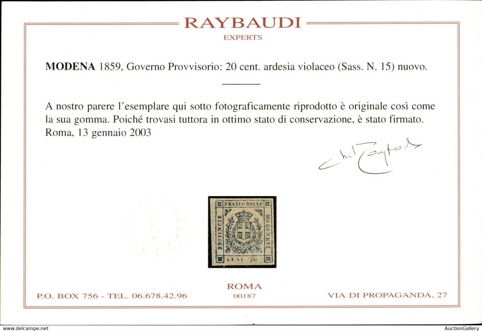 Antichi Stati Italiani - Modena - Governo Provvisorio - 1859 - Governo Provvisorio - 20 Cent Ardesia Violaceo (15) - Gom - Other & Unclassified